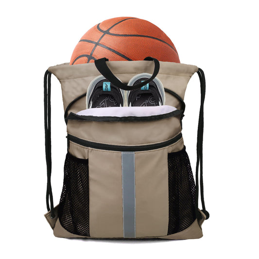 BeeGreen Camel Drawstring Backpack Bag with Shoe Compartment X-Large Gym Sports String Cinch Sackpack with Front Inside Zipper Pockets 75D