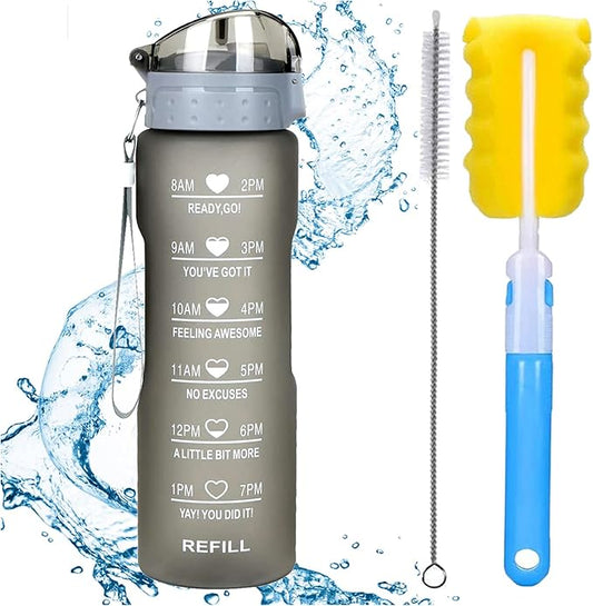 XACIOA Water Bottle with Straw,32oz Plastic Cup with Motivational Time Marker,1L Tritan Sport Lightweight Leakproof BPA-Free,Wide Mouth Fast Flow Ensure You Have Times to Drink,with Straw & Cup Brush