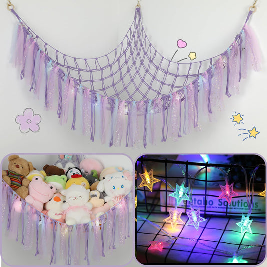 Stuffed Animal Hammock with LED Lights - 59 Inch Large Toy Storage Net for Kids Bedroom, Wall-Mounted Plush Organizer with Wooden Rings, Nursery Decor (Handwoven, Purple)