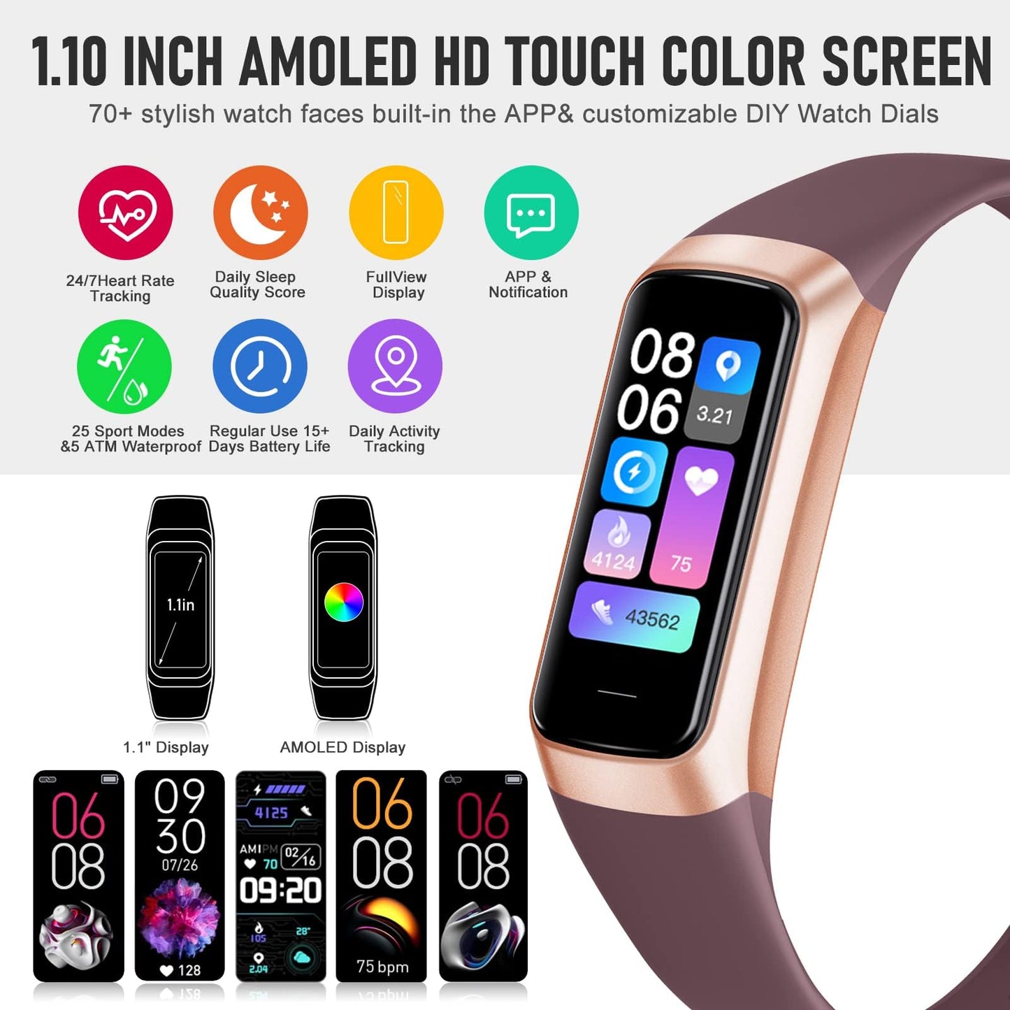 Bakoor Fitness Tracker, 1.10" Step Tracker with 24/7 Heart Rate, Blood Pressure, Activity Tracker Step Counter with Pedometer, Calories, Sleep Trackers, Fitness Watch for Sports Women Men