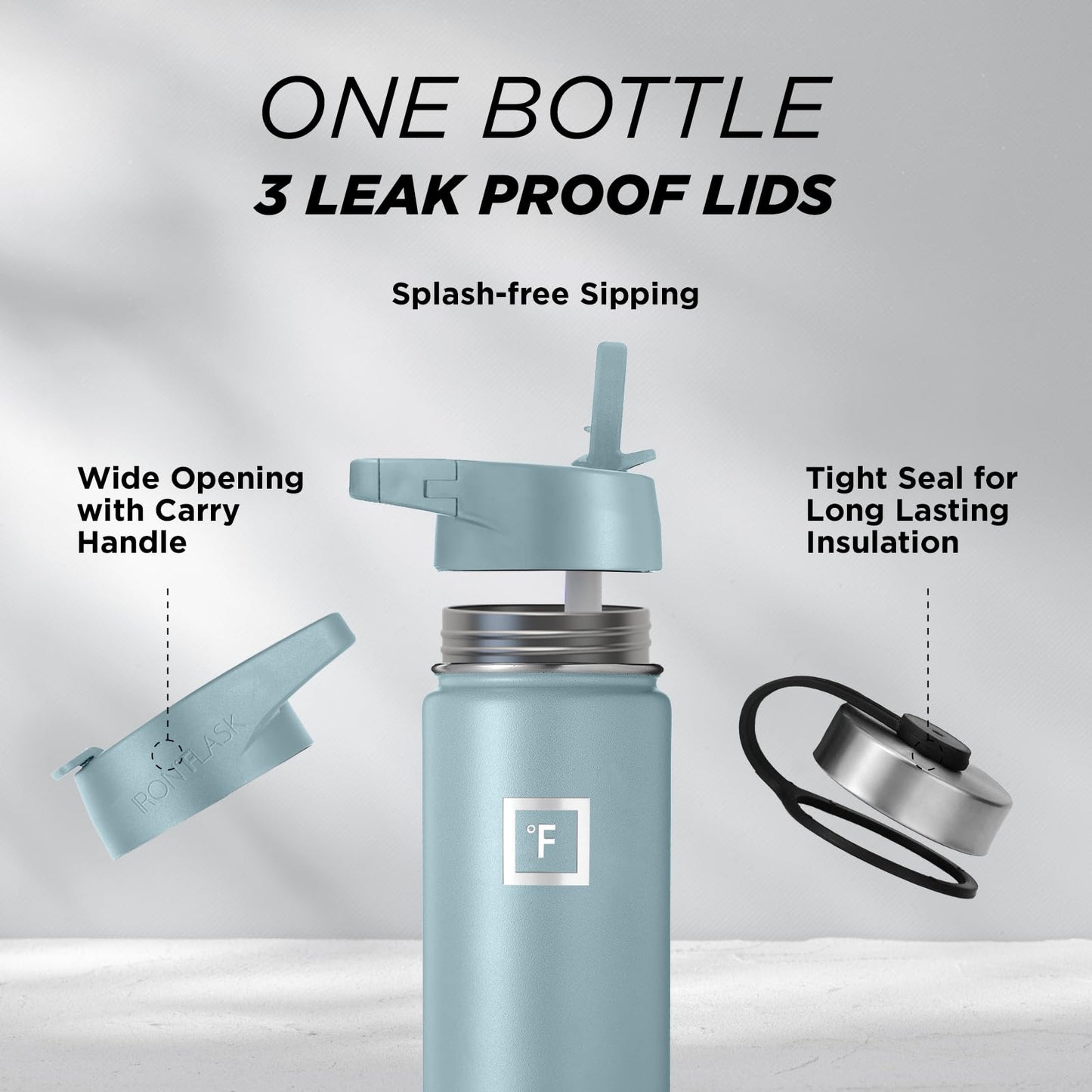 IRON °FLASK Camping & Hiking Hydration Flask, Wide Mouth, 3 Straw Lids, Stainless Steel Outdoor Water Bottle, Double Walled, Insulated Thermos, Metal Canteen - Elemental Gray, 22 Oz