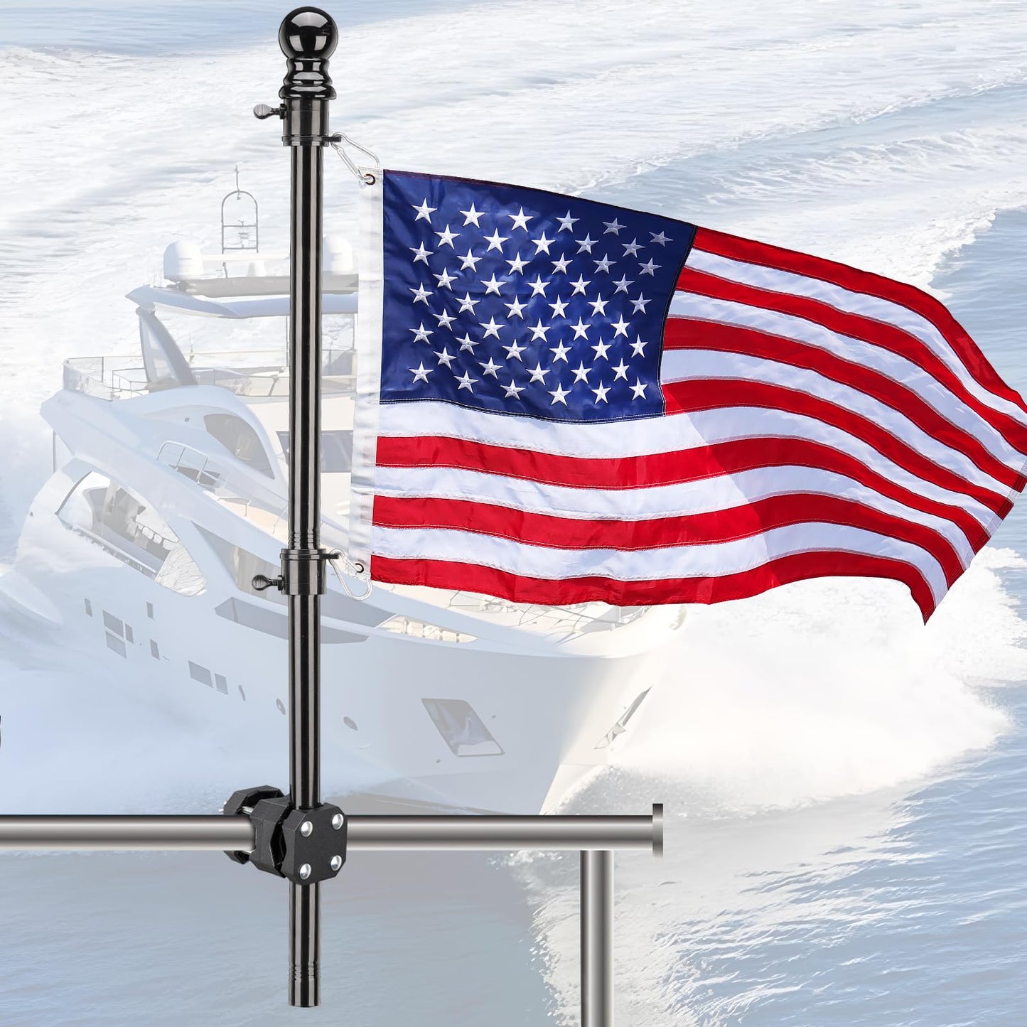 Boat Flag Pole, Pontoon Boat Accessories Flag Pole Kit, 75 in Flag Pole with 12”x18” American Flag, Adjustable Holder Mount, Tangle Free Rings, Metal Black Marine Flags Pole Fit 0.5”-1.1” Yacht Rails