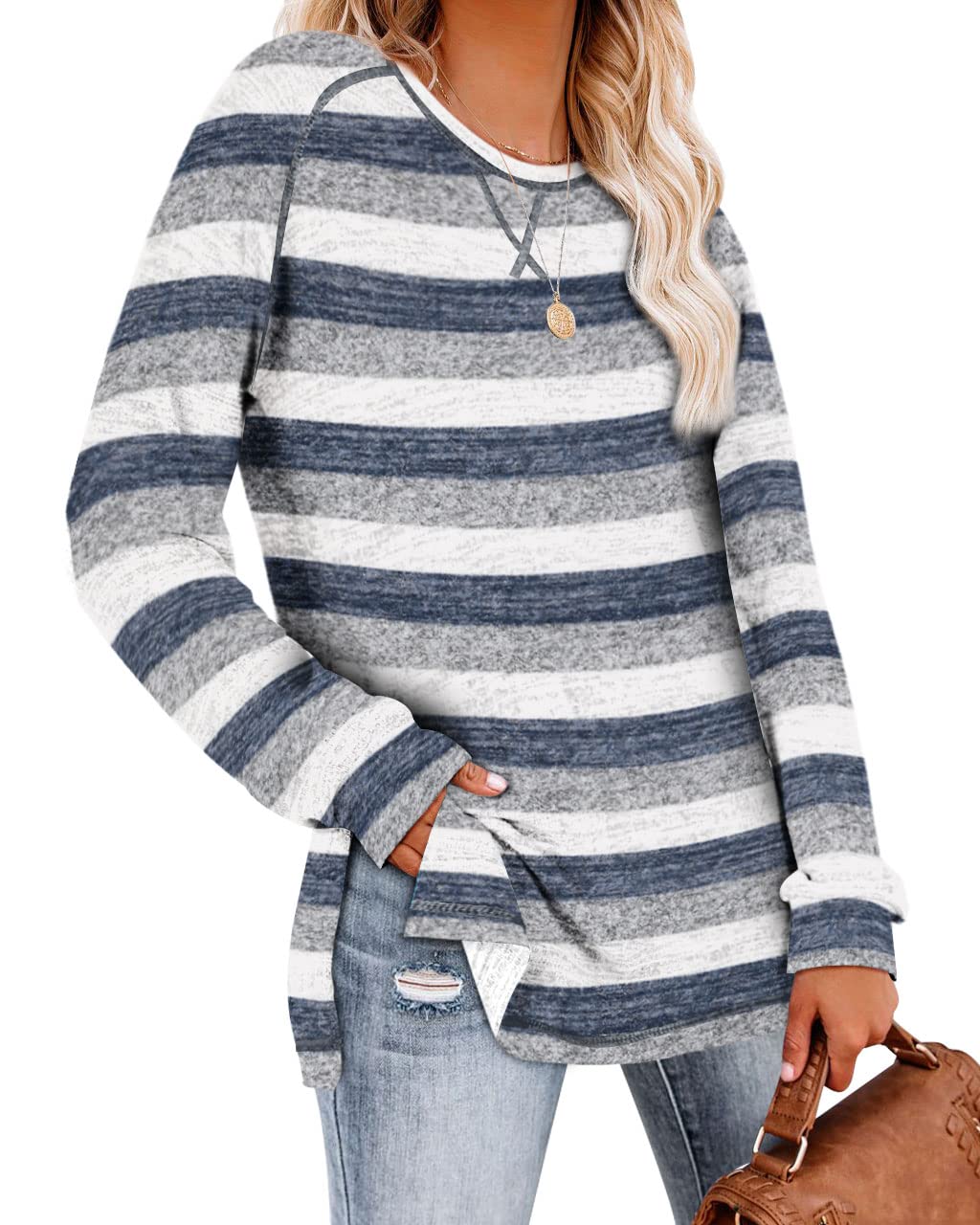 Aokosor Long Sleeve Shirts for Women Winter Maternity Dressy Tops Workout Striped Clothes Winter 2024 L