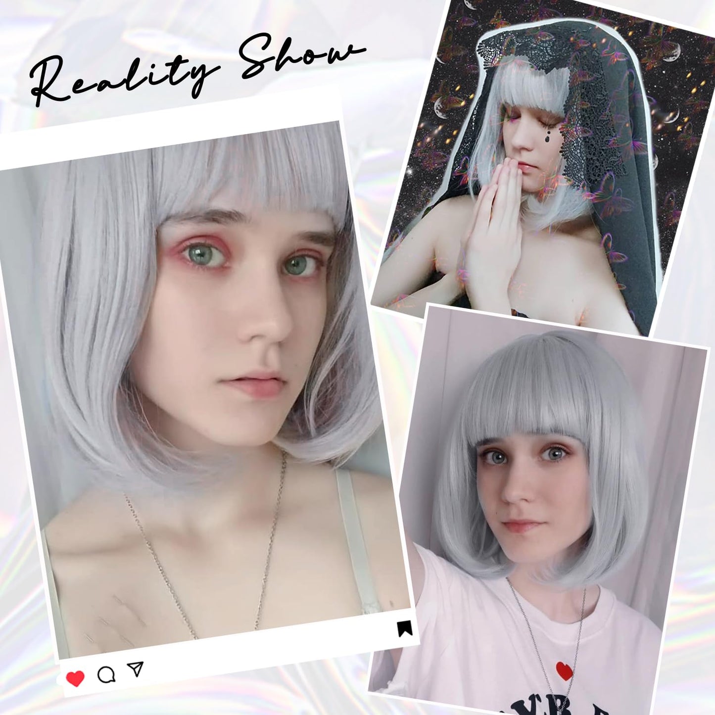 Aida ble Gray Bob Wigs - 12'' Short Gray Bob Wigs for Women Bob Wig With Bangs Super Soft and Easy to Wear Straight Bob Wig, Colorful Synthetic Wig for Daily, Cosplay, Halloween