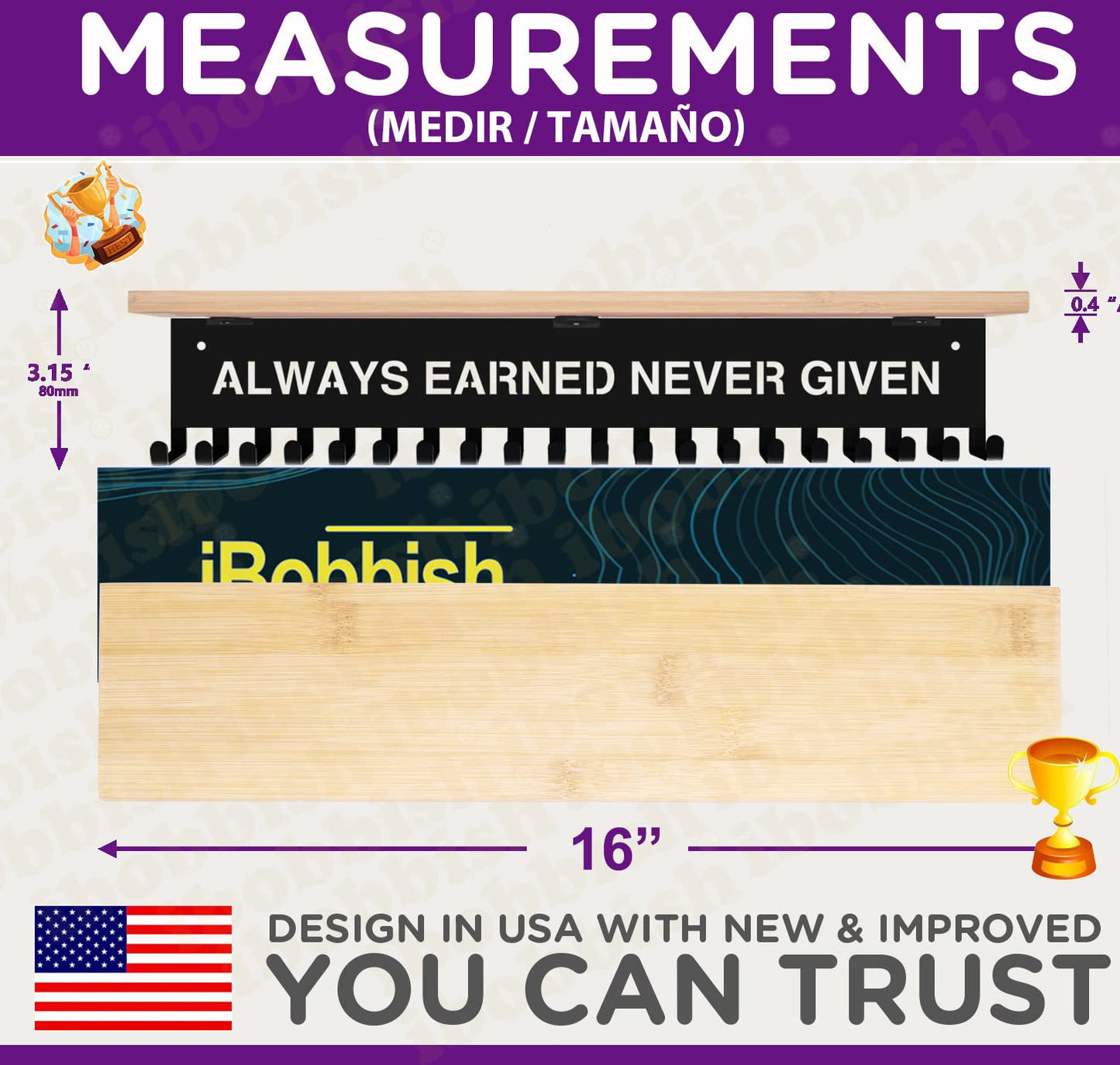 ALWAYS EARNED NEVER GIVEN Trophy and Medal Hanger Display Shelf,Soccer Trophy Shelf with 20 hooks for Medals,Sturdy Soccer Trophy Shelf in Black Metal Wall Mount Over big Medals Trophy Display Shelf