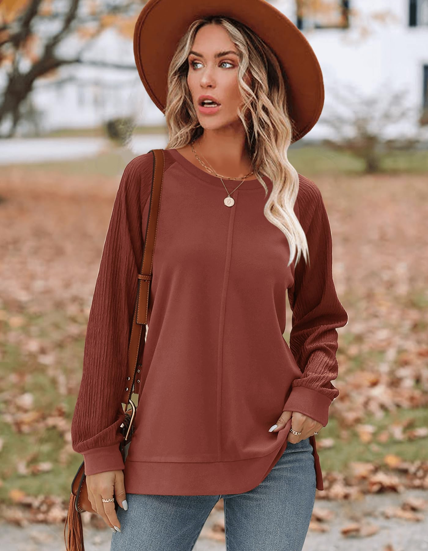 Aifer Womens Fall Fashion 2024 Long Sleeve Tops Trendy Crewneck Sweatshirt Winter Clothes Caramel