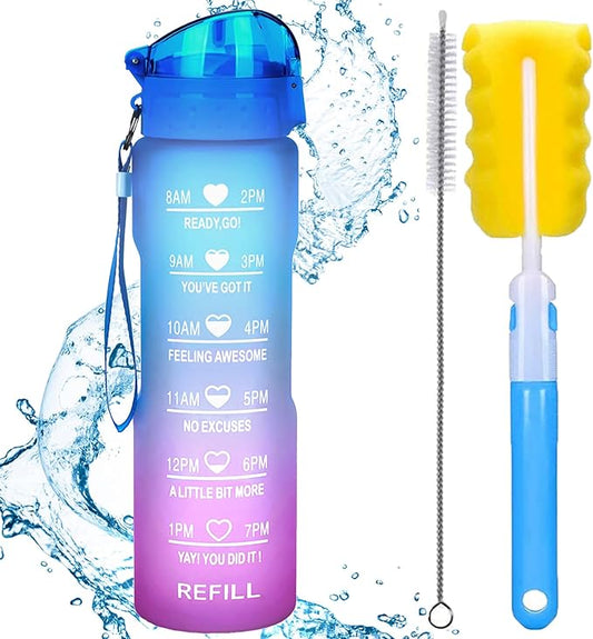 XACIOA Water Bottle with Straw,32oz Plastic Cup with Motivational Time Marker,1L Tritan Sport Lightweight Leakproof BPA-Free,Wide Mouth Fast Flow Ensure You Have Times to Drink,with Straw & Cup Brush
