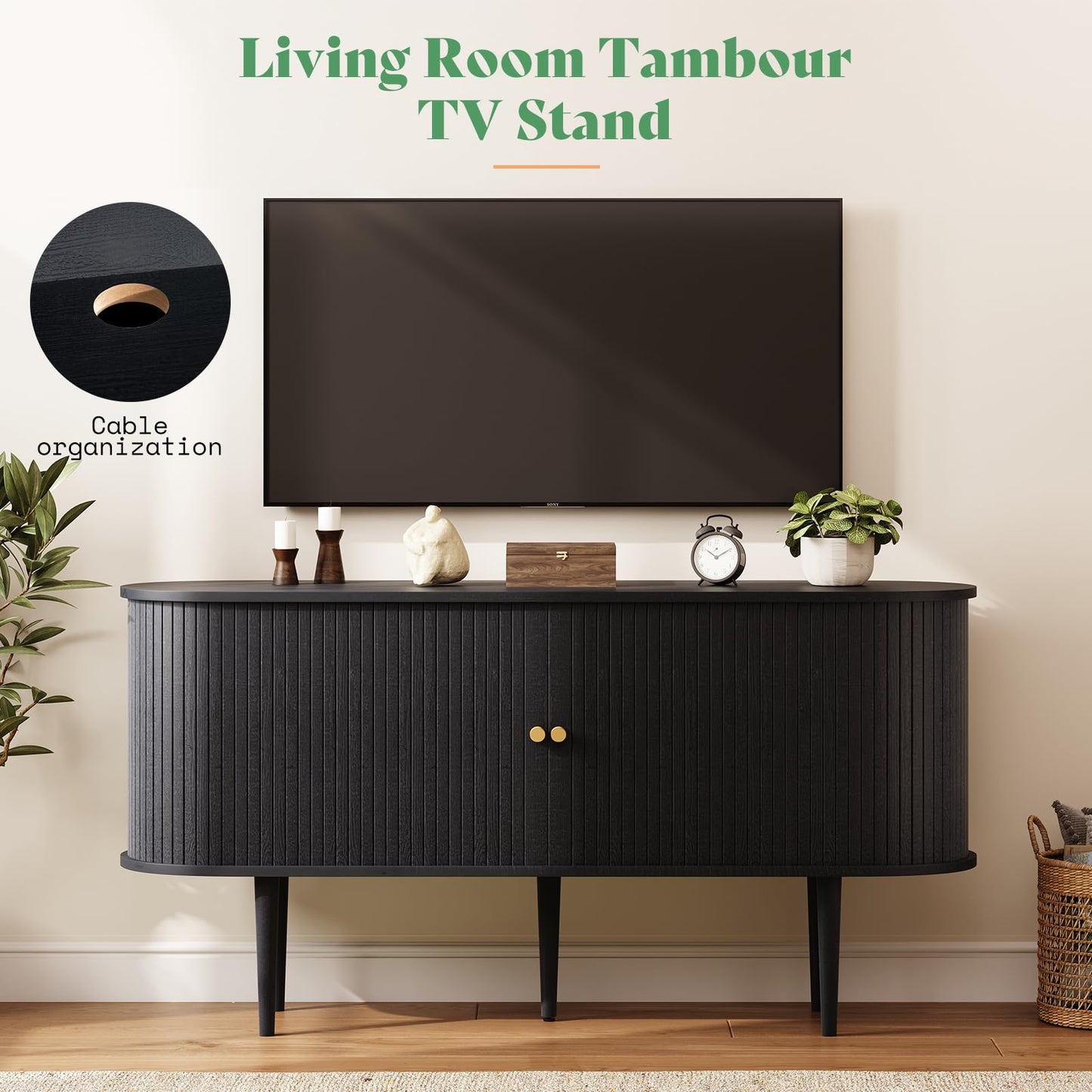 AMERLIFE 55" TV Stand with Solid Wood Legs, Mid Century Modern TV Console with Tambour Door for 80-inch TV, Dust-Proof Storage Cabinet for Living Room, Embossed Black