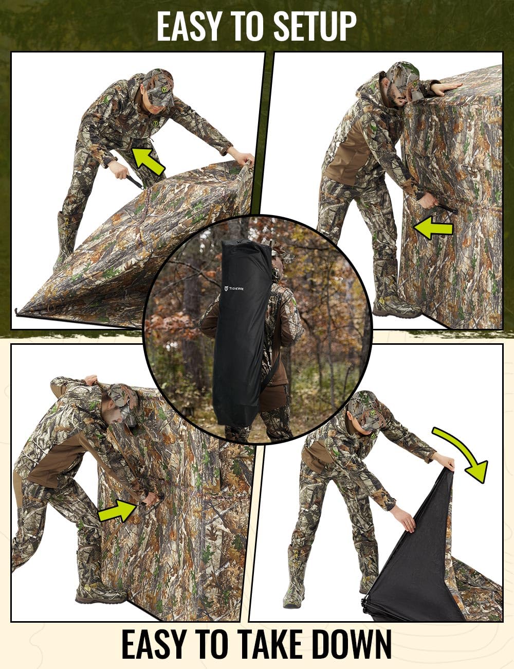 TIDEWE Hunting Blind See Through with Carrying Bag, 3-4 Person Pop Up Ground Blinds 270 Degree, Portable Resilient Hunting Tent for Deer & Turkey Hunting (Camouflage)