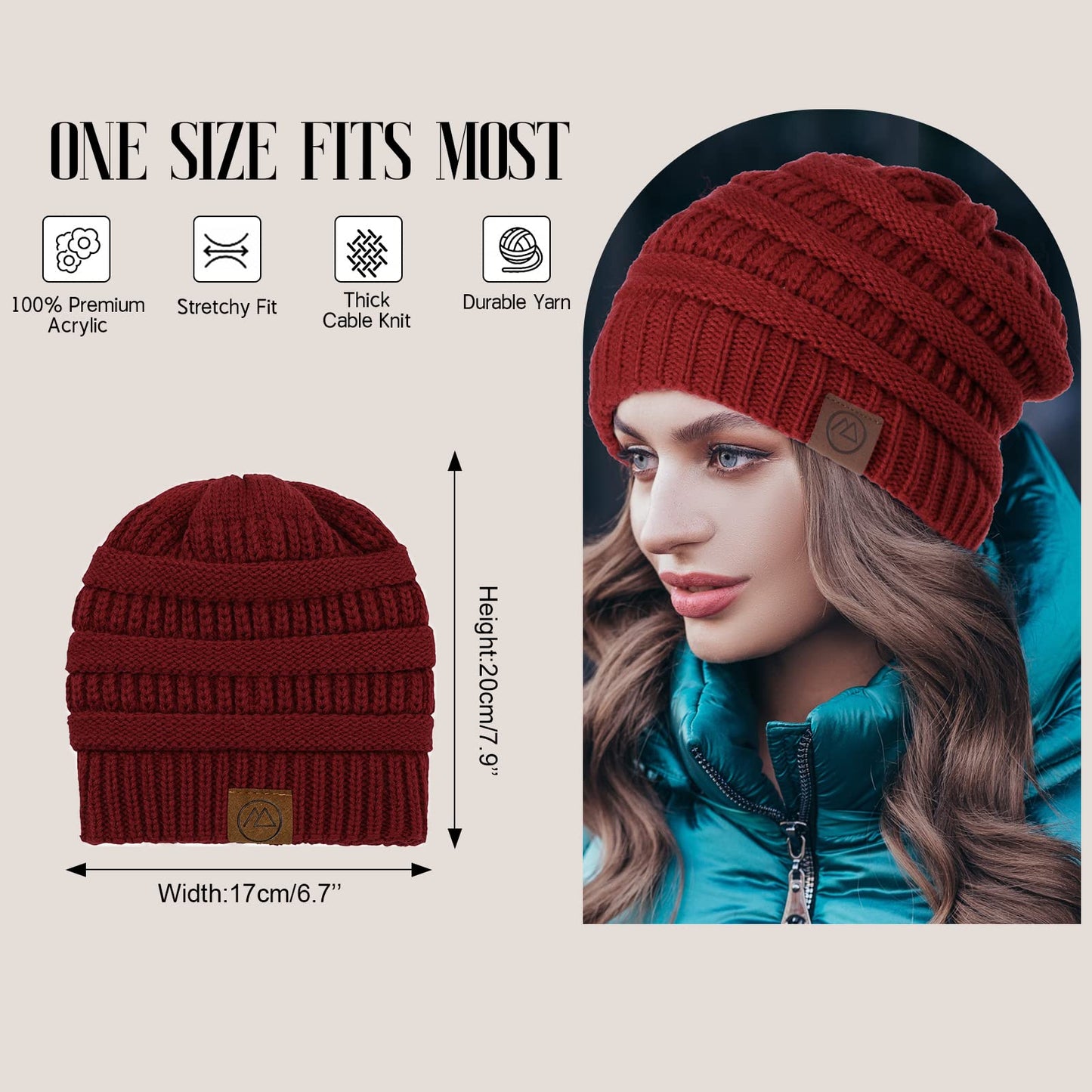 American Trends Winter Hats for Women Satin Lined Beanie Hats Cable Warm Knit Skull Cap Thick Slouchy Beanie for Cold Weather Black&Beige