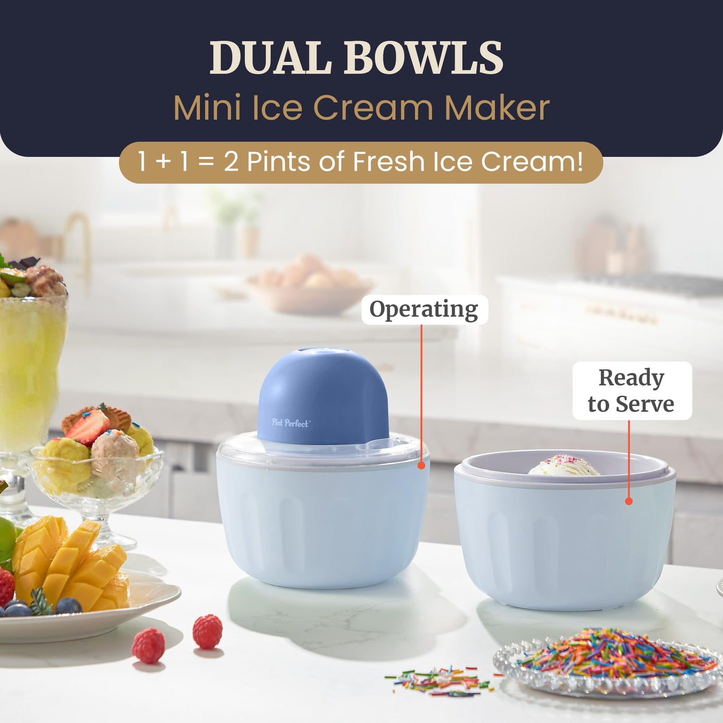 Americana by Elite Pint Perfect™ EIM1205DB Ice Cream Maker, 2 x 1 Pint Capacity Dual Freezing Mugs, Frozen Yogurt, Sorbet, Gelato, Recipes, Periwinkle