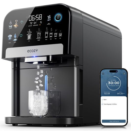 ecozy Nugget Ice Maker Dispenser, Smart 2-in-1 Pebble Ice Machine Countertop & Water Dispenser with App Control, Self-Cleaning, Auto Lighting, TDS Monitor, Measured Dispensing, 33Lbs/Day