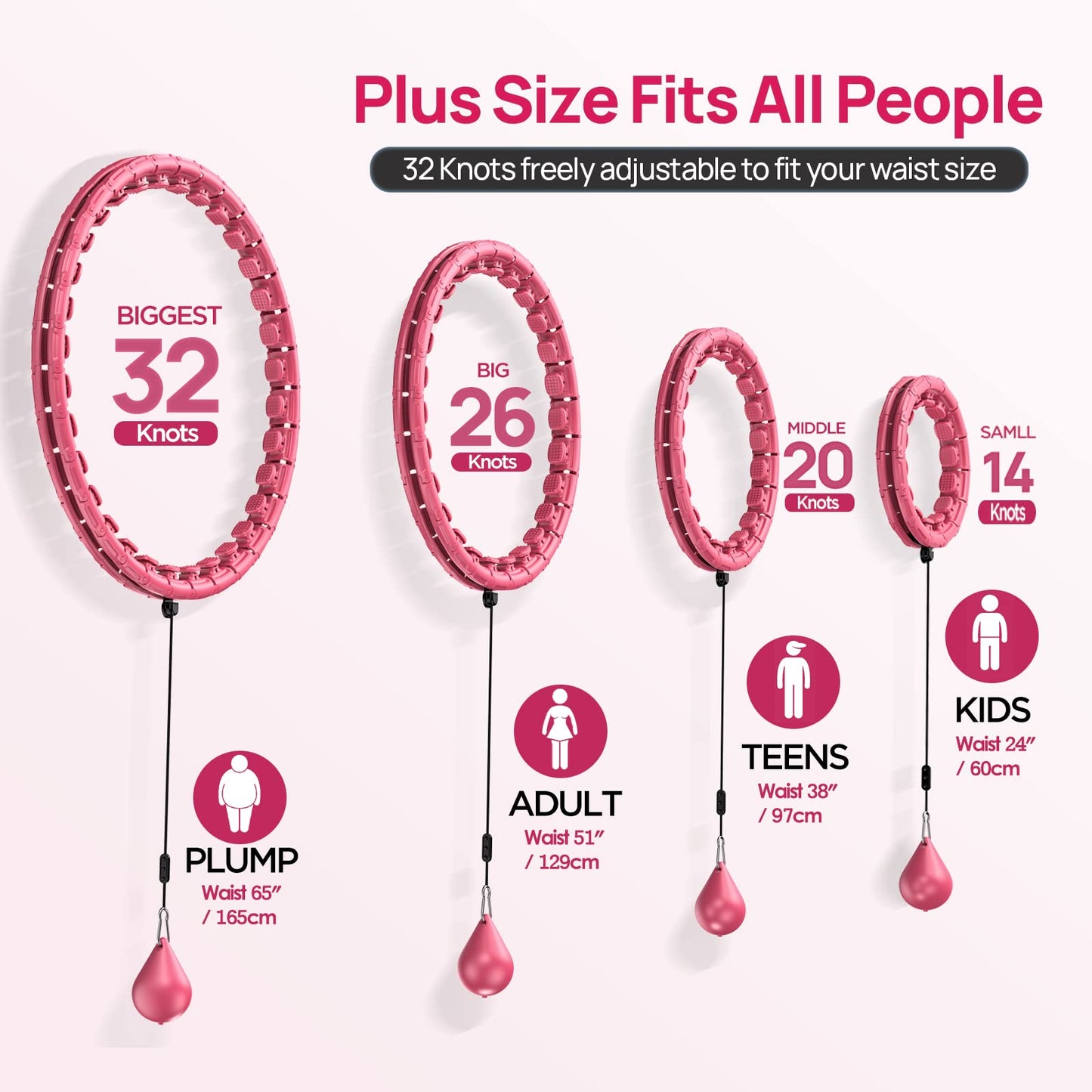 APzek 32 Knots Smart Weighted Exercise Hoop Plus Size, Adjustable Huula Hoop with Extra Links for Adults and Beginners, 2 in 1 Fitness Massage Non Fall Hooola Hoop with Spinning Ball - Pink