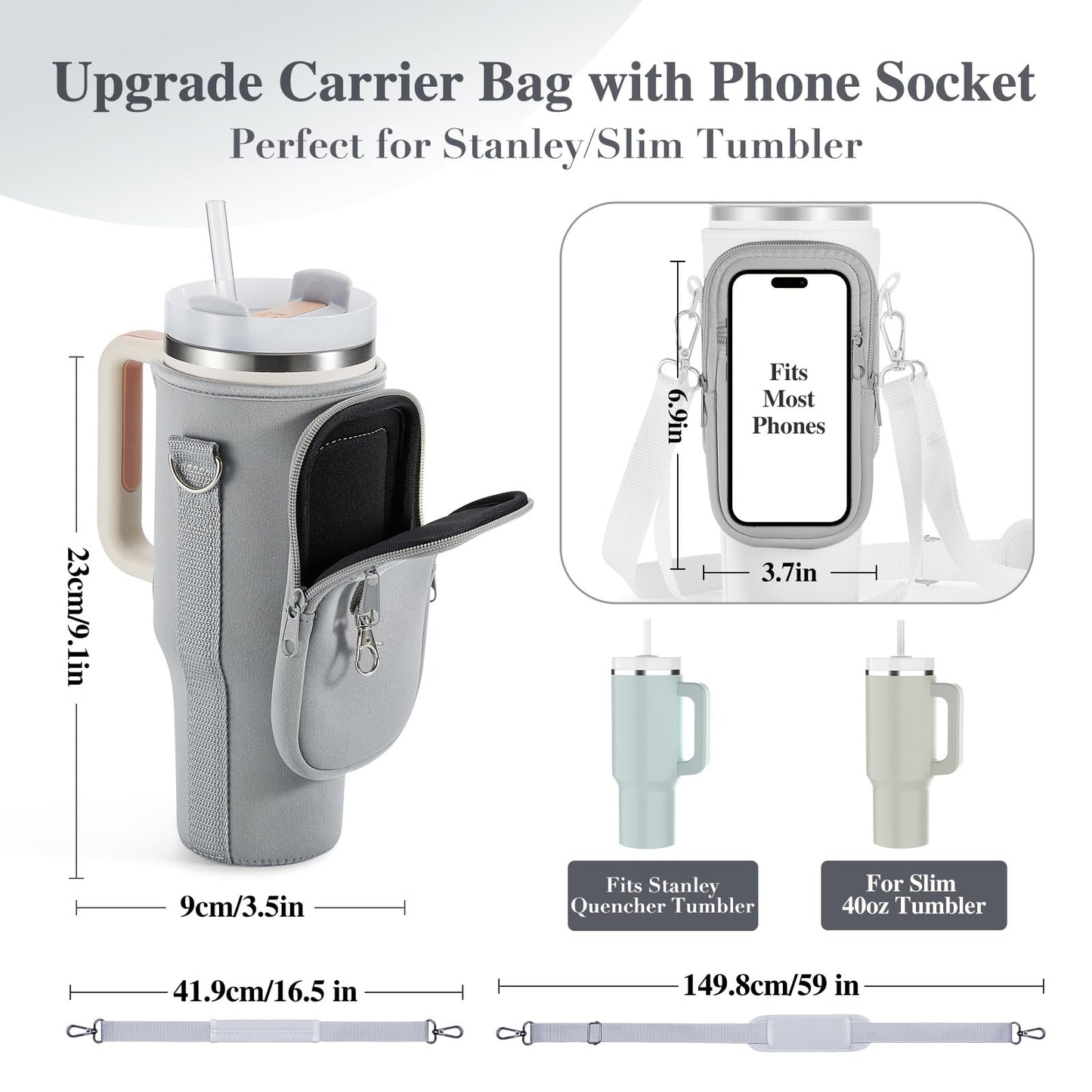 linmaya Water Bottle Carrier Bag with Phone Pocket for Stanley 40/30 oz Tumbler Neoprene Water Bottle Holder Pouch with 2 Adjustable Strap & 3 Leak Stoppers for Stanley Cup Accessories