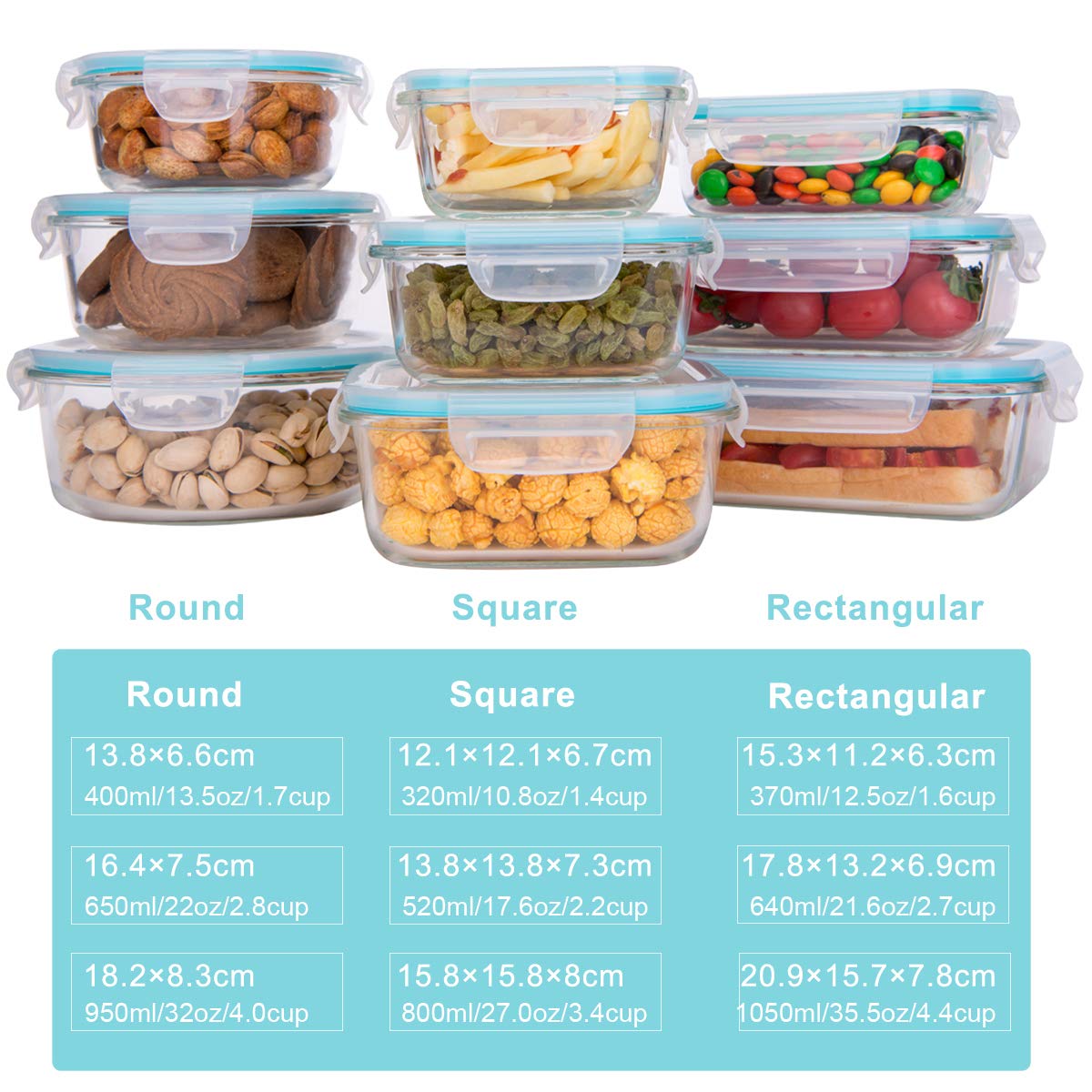 AILTEC Glass Food Storage Containers with Lids, [18 Piece] Glass Meal Prep Containers, Containers for Food Storage with Lids, BPA Free & Leak Proof (9 Lid & 9 Container)
