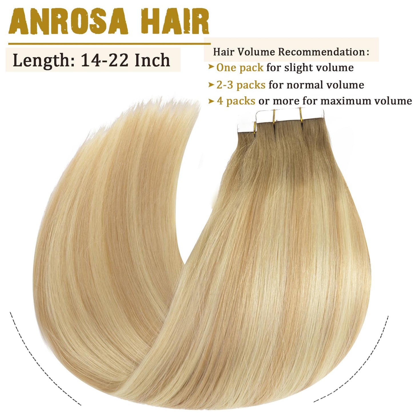 Anrosa Tape in Human Hair 14 Inch Balayage Seamless Tape On Hair Skin Weft Hair Extensions Color 8 Ash Brown Fading to 12 Dark Dirty Blonde Highlight 60 Platinum Straight Hair 50 Gram Brazilian Hair