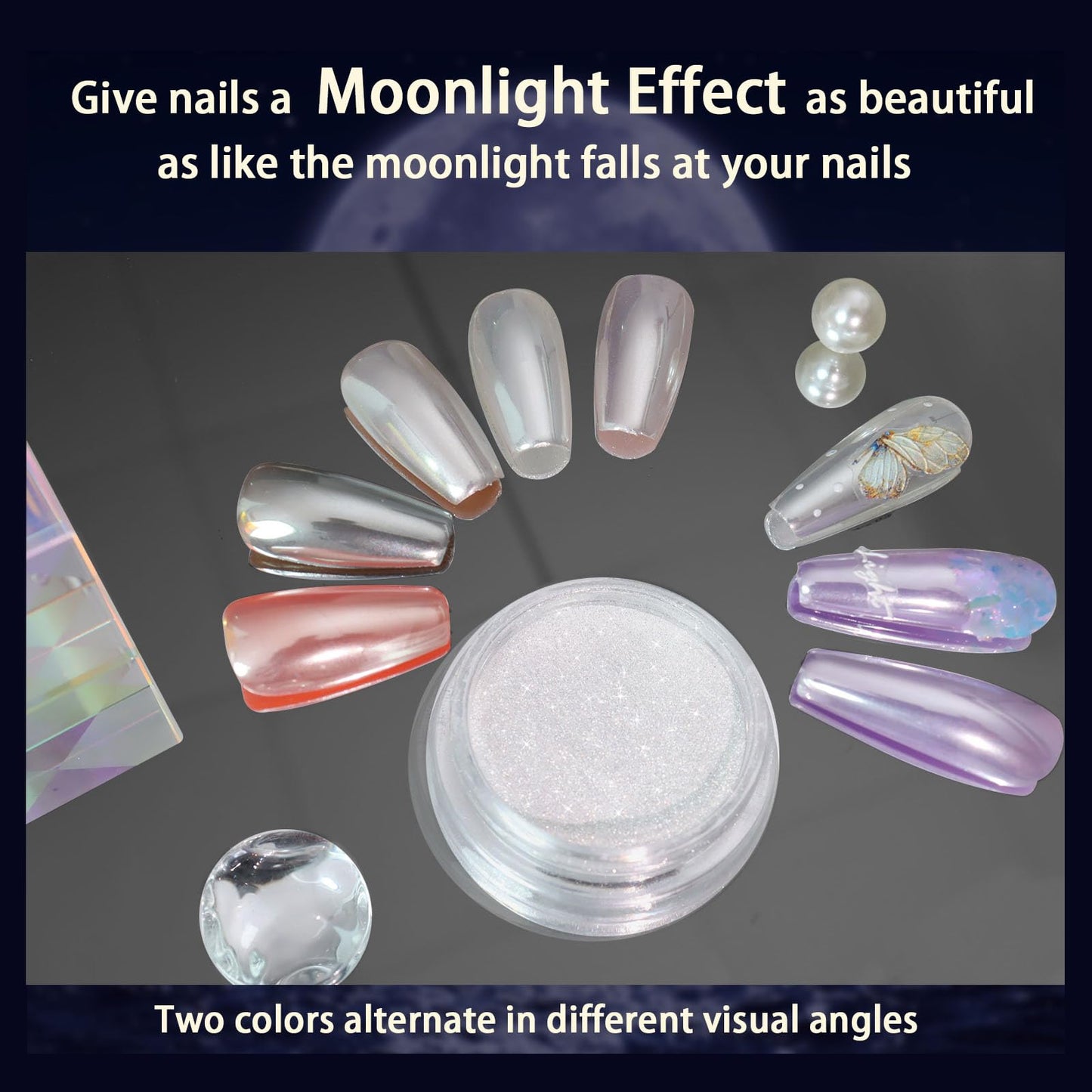 Allstarry Unicorn Chrome Nail Powder, Aurora Mermaid Iridescent White Pearl Nail Chrome Powder Pigment Glitter Fairy Dust for Nail Art, Manicure, Gel Nail Polish - Moonlight White