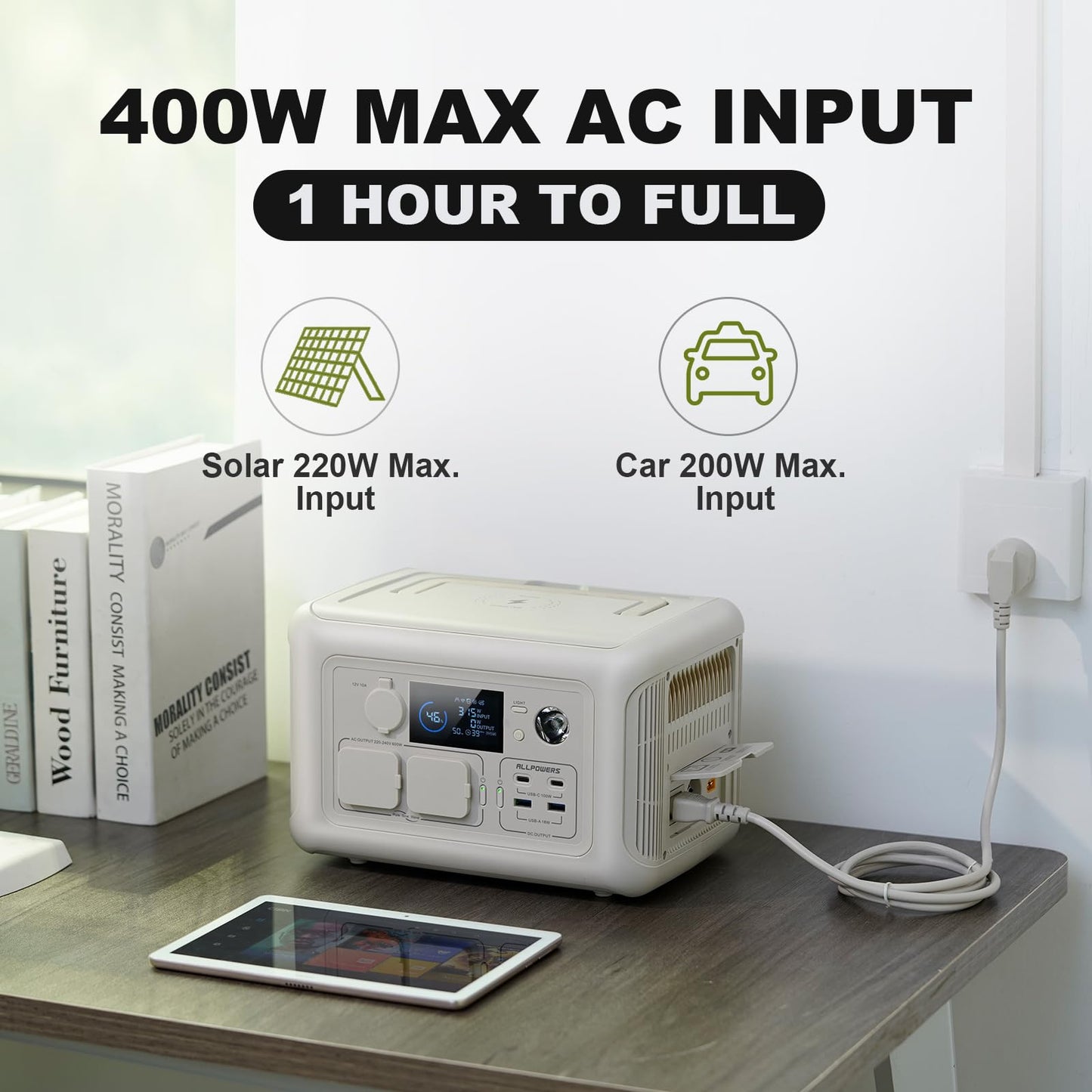 ALLPOWERS BEIGE R600 Solar Generator with SP033 solar panel included, 600W 299Wh LiFePO4 Portable Power Station with 200W Solar Charger, UPS Battery Backup, MPPT Solar Power for Camping RVs Home