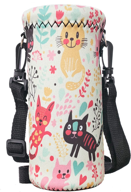 RICHEN Neoprene Water Bottle Carrier Bag with Adjustable Shoulder Strap,Insulated Water Bottle Cover for 500ml/16oz Stainless Steel/Glass/Plastic Bottles (Colorful Kittens,500ML)