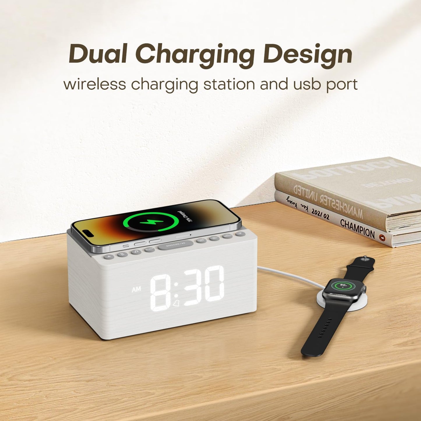 ANJANK Wooden Sound Machine Alarm Clock for Bedroom, Bluetooth Speaker, 20 Soothing Sounds, 0-100% Dimmer, Wireless Charging Station for iPhone/Samsung, Sleep Timer, White Noise Machine for Sleeping