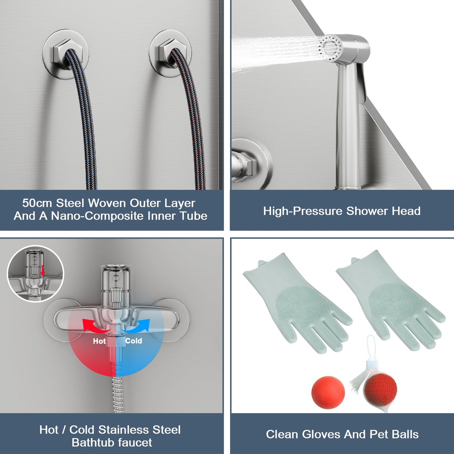 COOLYI 50'' Stainless Steel Dog Washing Station for Large Dogs, Heavy Duty Dog Grooming Bathtub with Bath Brush & Washing Gloves, Pet Bathtub for Dogs with Retractable Ramp (50'' x 27.5'' x 61.6'')