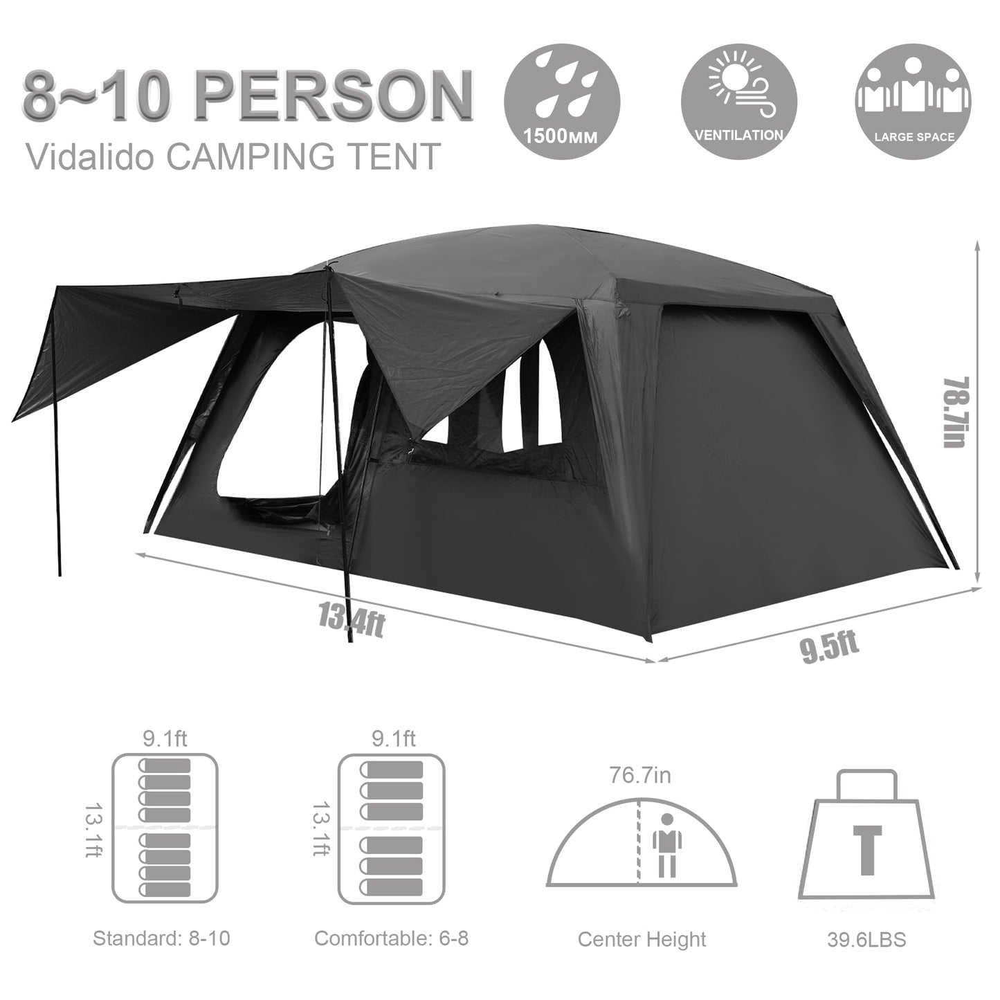 Vidalido 8-10 Person Camping Tent with 3 Door 2 Room Large Family Cabin Tents, Double Layer Waterproof Portable Glamping Tent, Big Tents for Outdoor Picnic Camping Hiking and Family Gathering