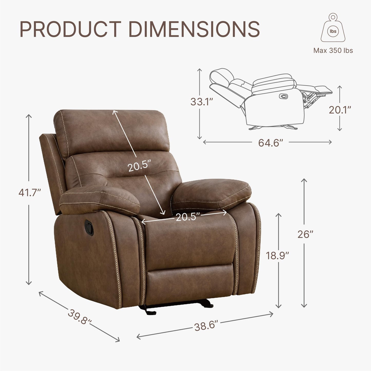 KISLOT Leather Recliner Chair Manual Sofa Rocker for Adults with Overstuffed Arm for Living Room Bedroom Home Theater Seating