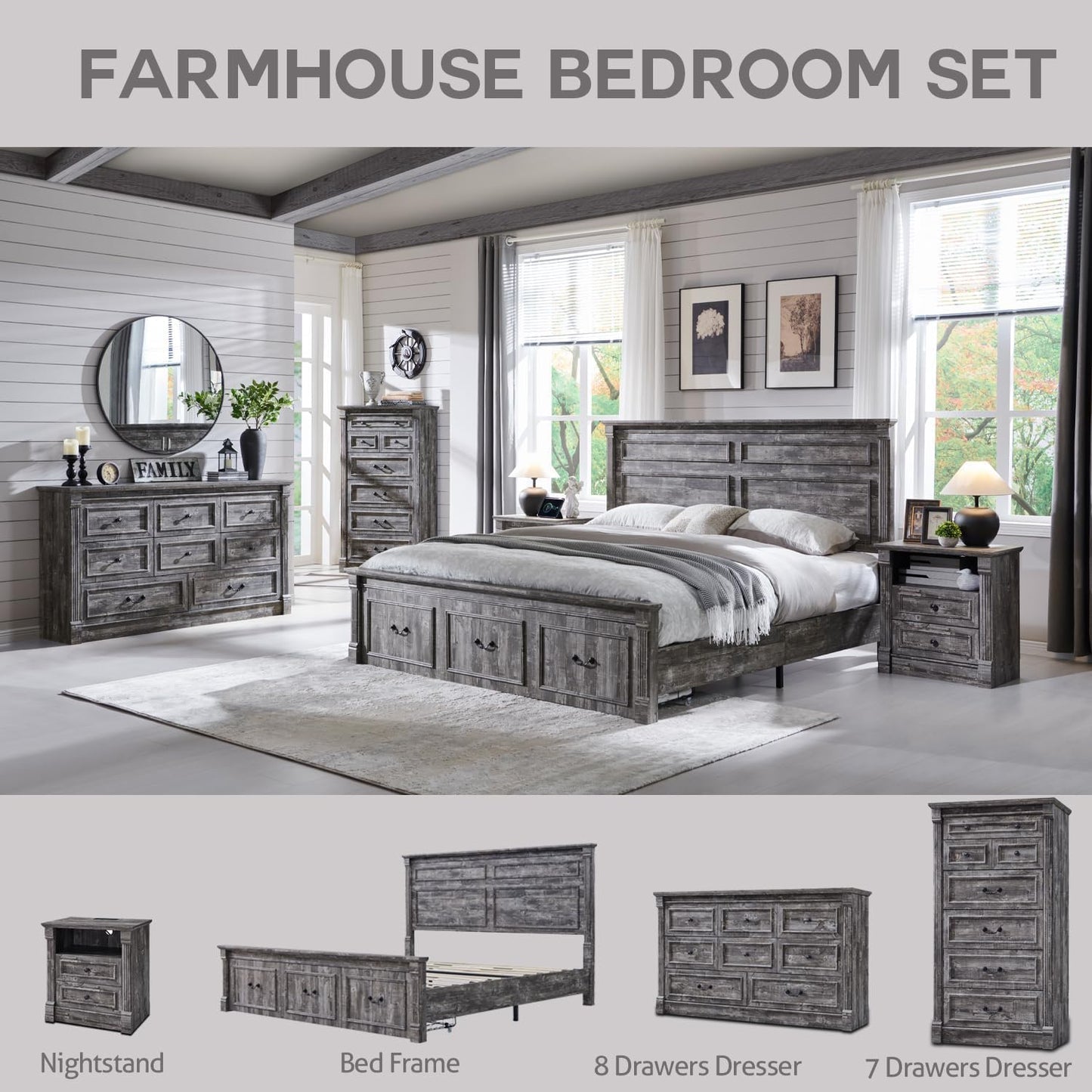 Aitjunz Farmhouse 7 Drawers Dresser for Bedroom, 57" Tall Large Dressers & Chests of Drawers w/Roman Column, Storage Dressers Organizer for Bedroom, Hallway, Living Room, Light Grey