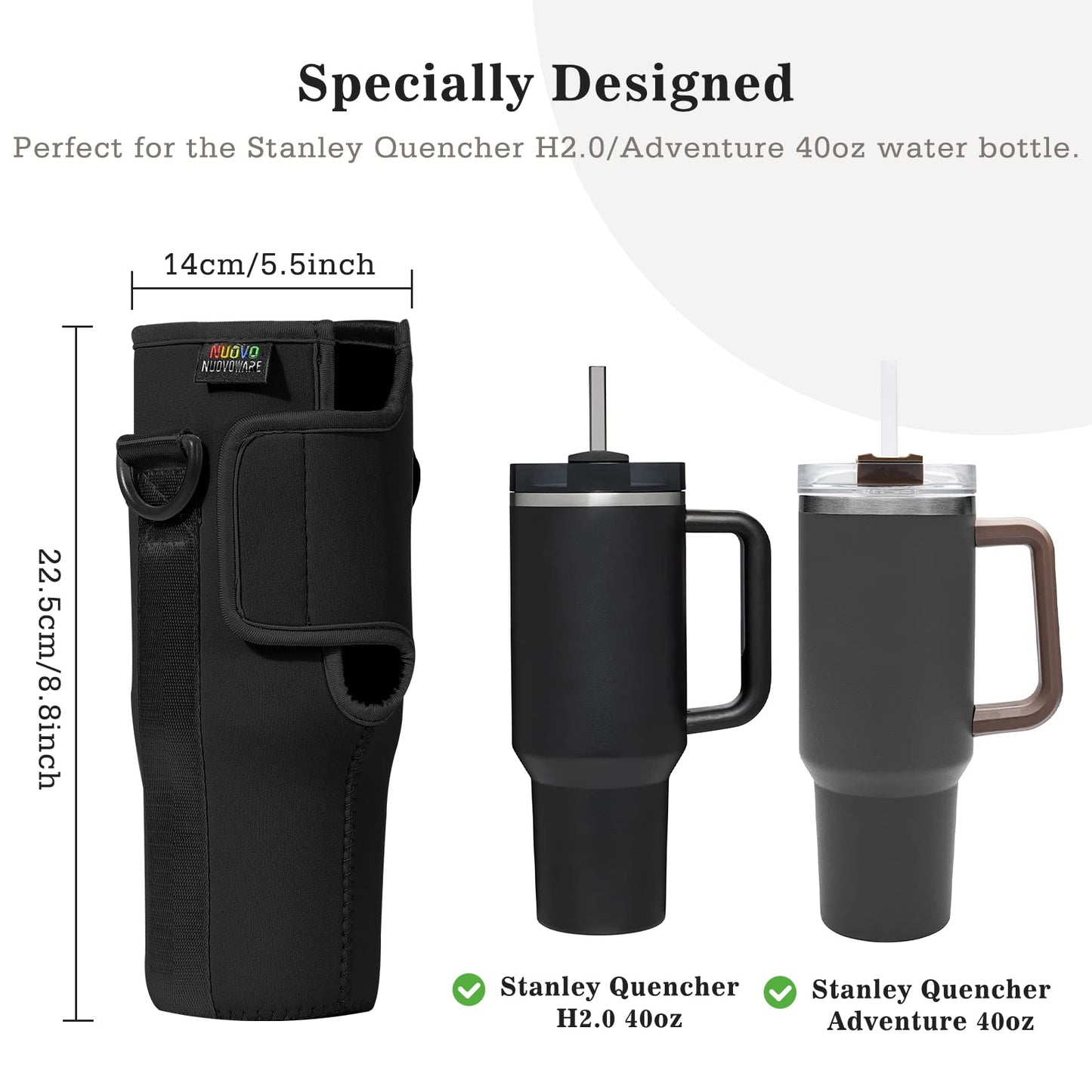Nuovoware Water Bottle Carrier Bag Fits Stanley 40 Oz Tumbler with Handle, Water Bottle Bag with Adjustable Shoulder Strap, Neoprene Water Bottle Holder for Stanley Water Bottle Accessories, Black