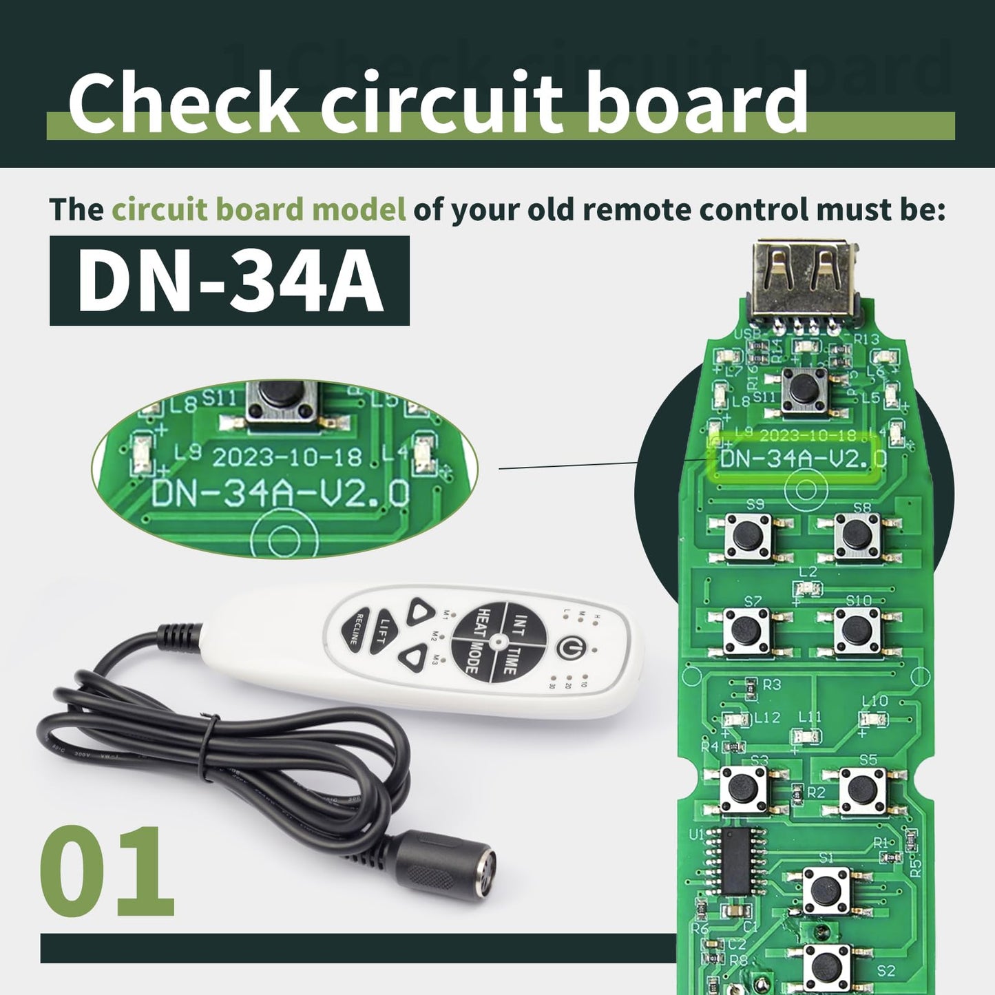 ALLCSM 5 Pin Female Plug DN-34A 9 Button Recliner Remote Controller for Heat Vibration & Up/Down, 3 Vibration Mode & 3 Massage Time Option with 1 USB Charging Port Circuit Board Inside Code DN-34A