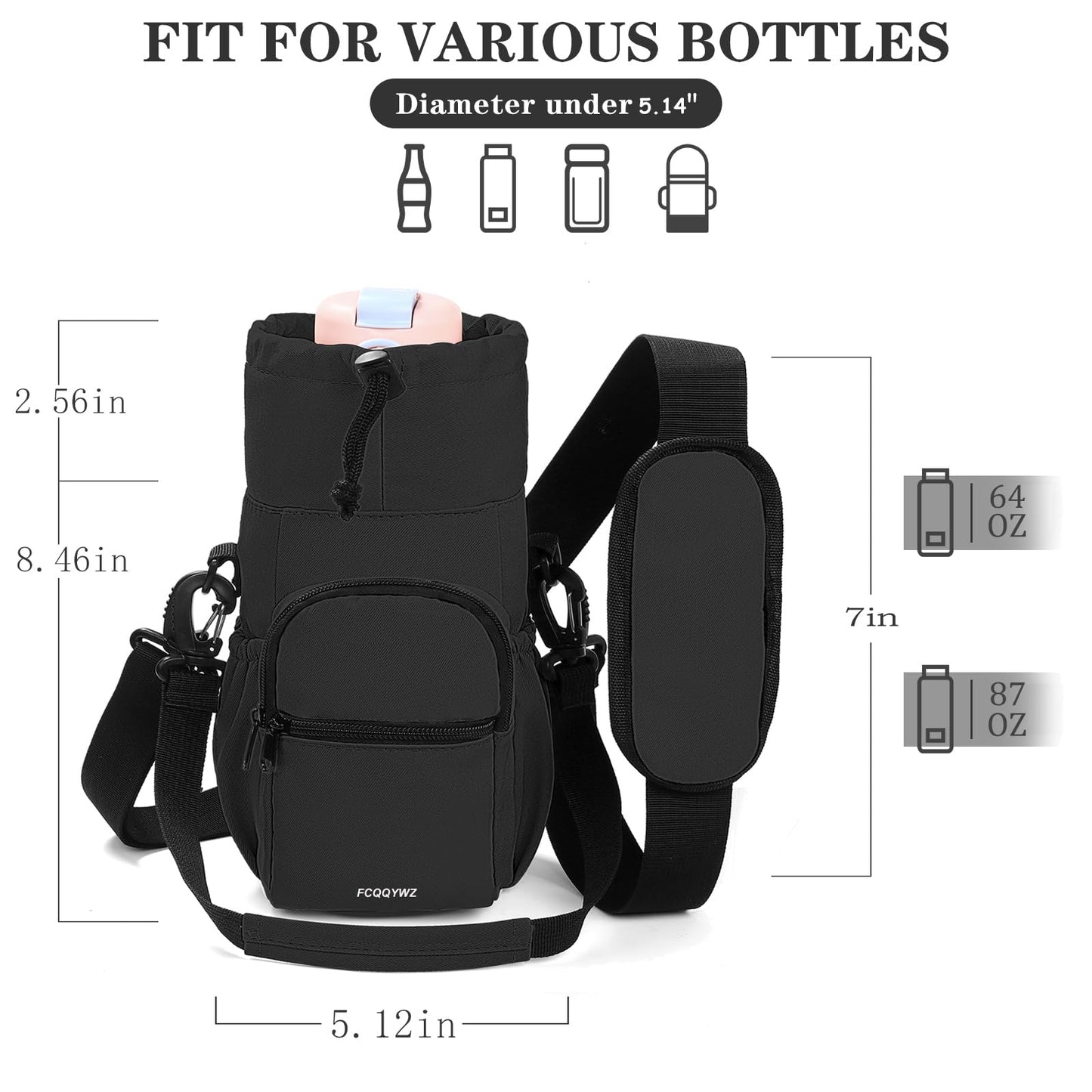 FCQQYWZ Half Gallon Water Bottle Sling Bag Case,64/87oz Insulated Crossbody Water Bottle Pouch Holder Sleeve for Walking with Strap and Pockets for Men/Women Walking Hiking Camping Travel (Balck)