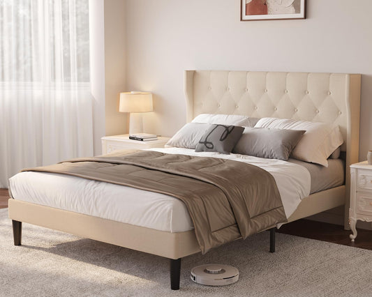 Aiho Queen Size Bed Frame with Headboard, Upholstered Bed Frame with Solid Wooden Slats, Under Bed Storage, No Box Spring Needed, Noise-Free, Easy Assembly, Beige