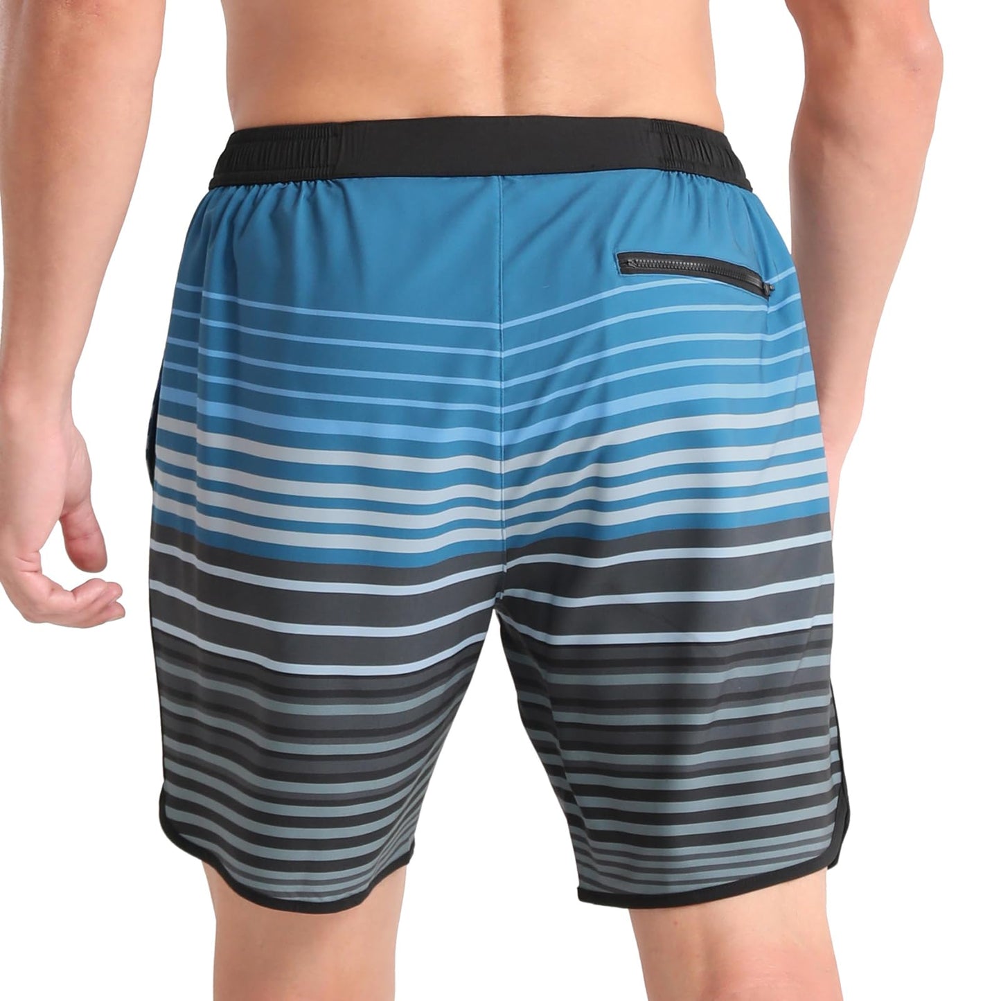APTRO Men's Swim Trunks Quick Dry 7" Compression Liner Button Zipper Closure Board Shorts MJ06 Blue-Grey Stripe S