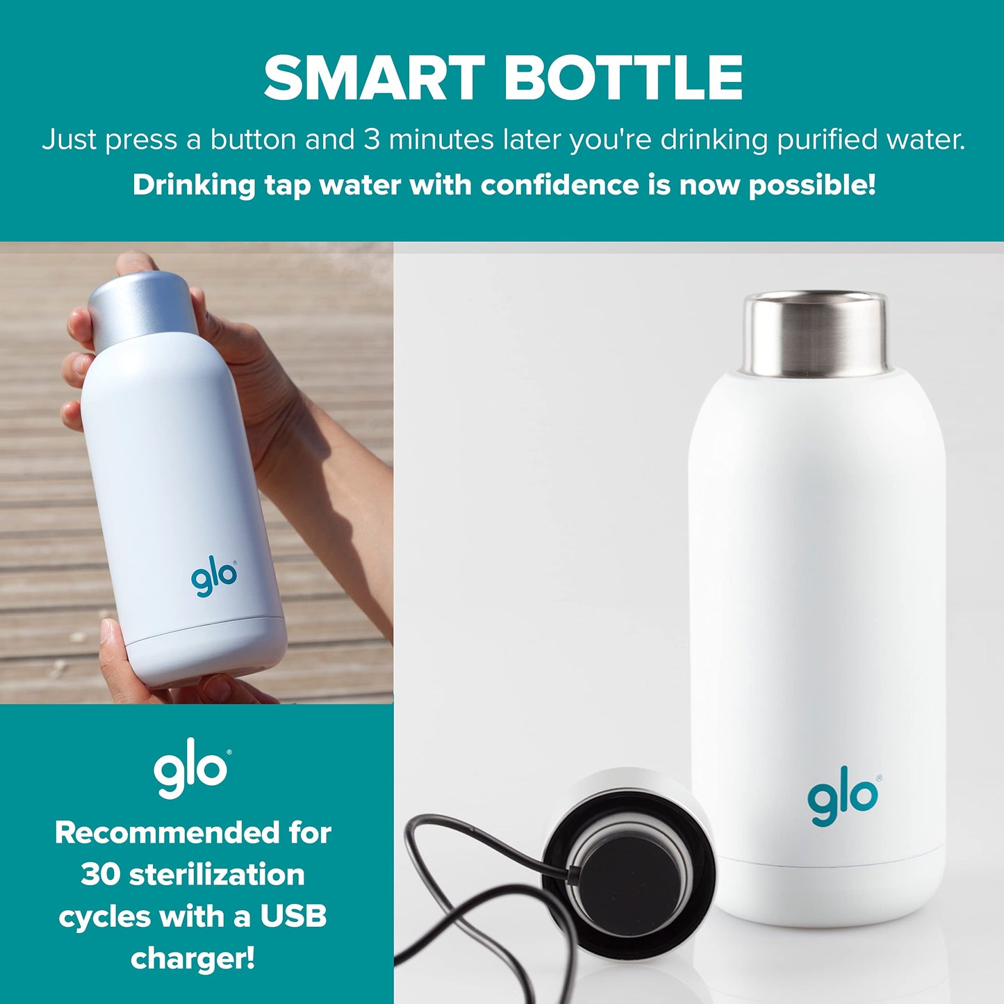 Glo - UV Water Smart Bottle | Eliminates Bad Odor and Taste | Double Insulation Stainless Steel BPA Free 400ml | Keeps Water Hot 12h and Cold 24h | Perfect for Camping Hiking Cycling and Survival