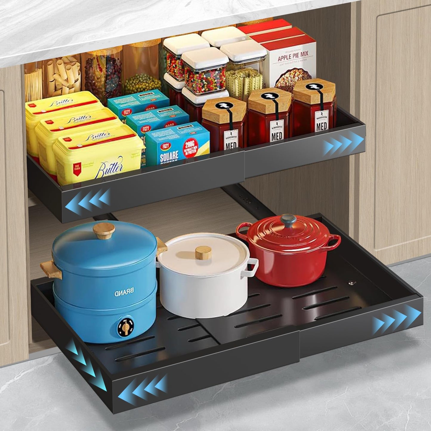 ByNaRIX Expandable Pull Out Cabinet Organizer 16.5" Deep, 3 Rails Slide Out Drawer for Kitchen Cabinet, Adjustable No Drill Roll Out Shelf Adhesive with Nano Film 12.2"-20.5" W Black 1 Pack