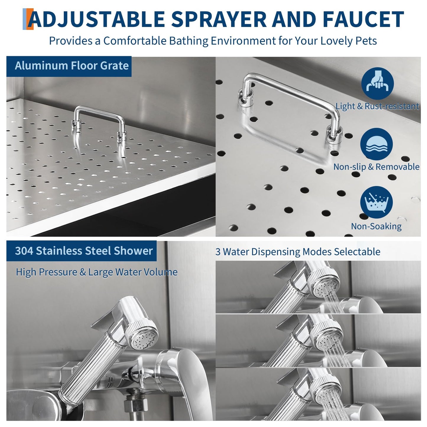 OutdoorVibe 50 Inch Pet Grooming Tub with Ramp, Stainless Steel Washing Station, Dog Tub Faucet & Showerhead & Soap Holder Leash Dog Bathtub for Large & Medium & Small Pets (Left Door)