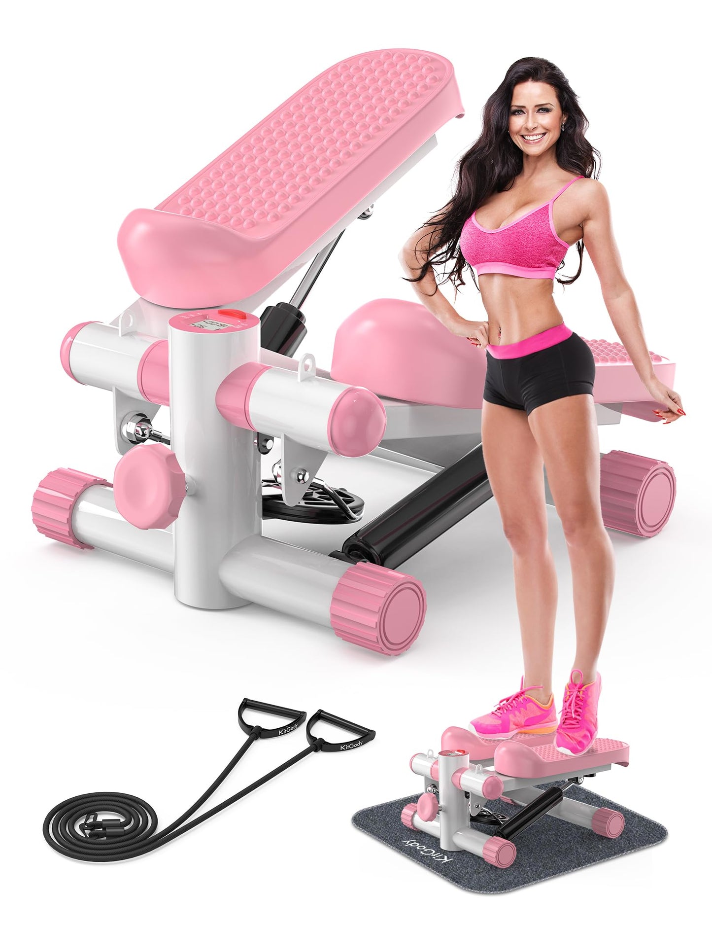KitGody Steppers for Exercise at Home, Mini Stepper with Resistance Bands 330LBS Capacity, Stair Stepper for Home Full Body Workout Pink Stepper Machine