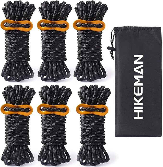 Hikeman Heavy Duty Camping Rope - 6 Pack 5mm Outdoor Reflective Guy Lines with Tensioner Adjuster Strong Nylon Cord for Large Tent Big Tarp Canopy Tie Downs (Black)