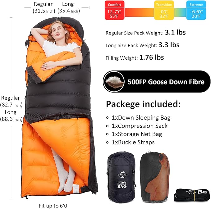 0-20 Degrees F Down Sleeping Bag for Adults - 4 Season Envelope With Arm Holes, Wearable for Backpacking Camping - Ultralight, Compact, Move Freely While Wearing