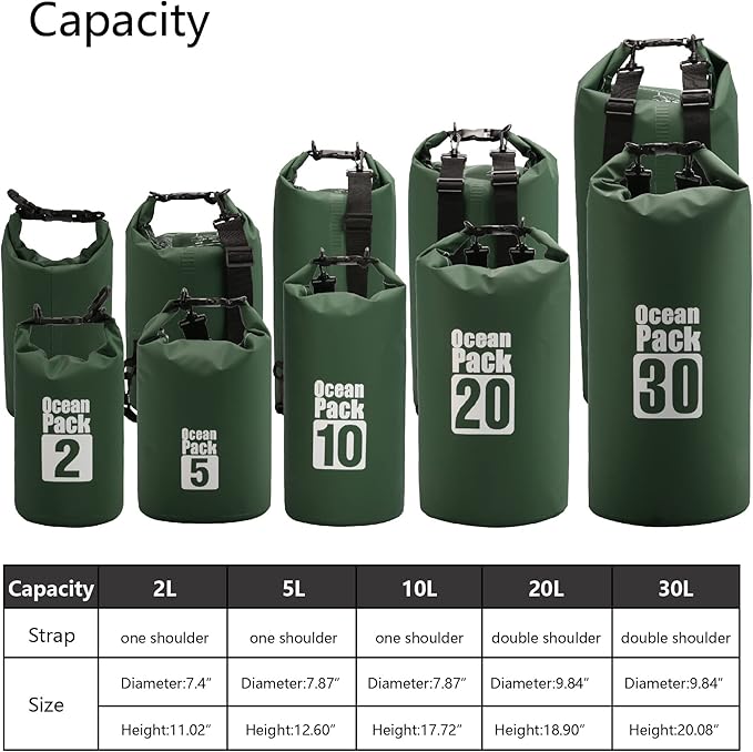 Dry Sack/Floating Waterproof Bag 2L/5L/10L/20L/30L for Boating, Kayaking, Hiking, Snowboarding, Camping, Rafting, Fishing and Backpacking