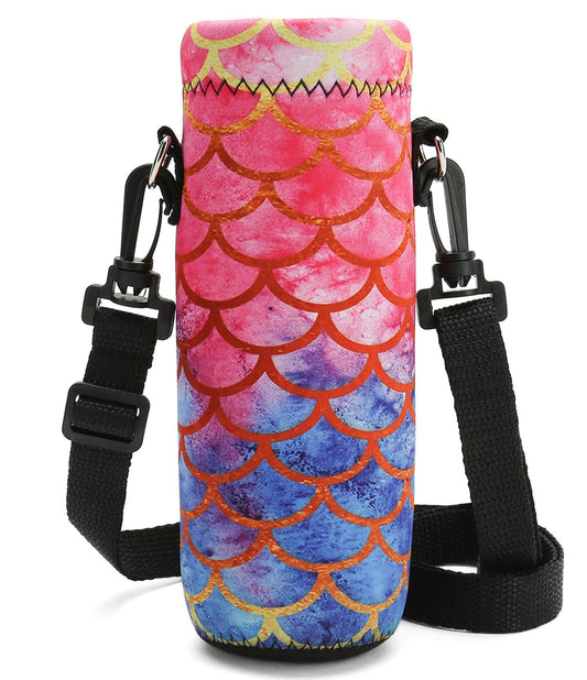 RICHEN Neoprene Water Bottle Carrier Bag with Adjustable Shoulder Strap,Insulated Water Bottle Cover for 500ml/16oz Stainless Steel/Glass/Plastic Bottles (Mermaid Scale,500ML)