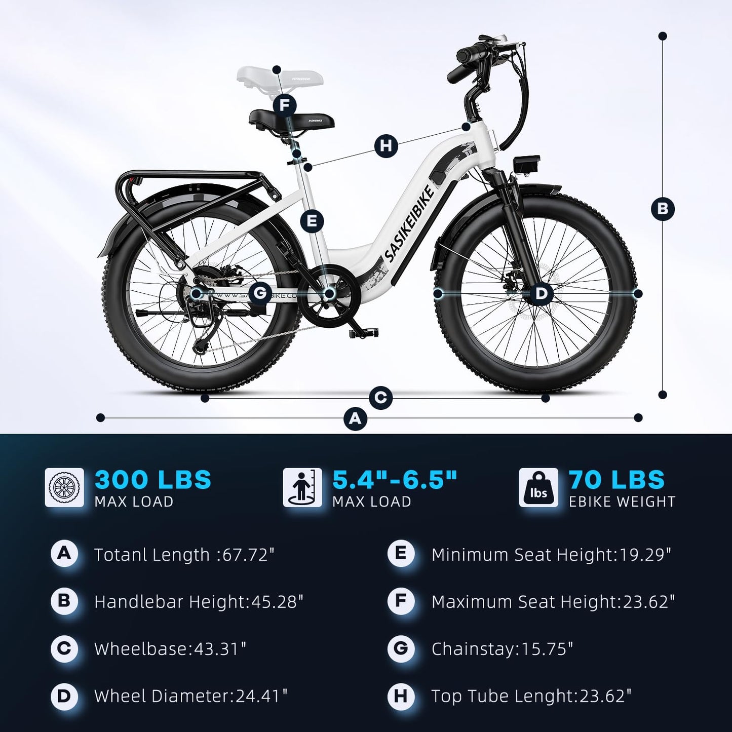 SASIKEIBIKE 1500W Motor Peak Electric Bike for Adults and Teenagers, 48V 20AH Removable Battery Step Thru EBike, 30+MPH, 80 Miles Max Range, 24" Fat Tire Adult Electric Bicycles for 7 Speed