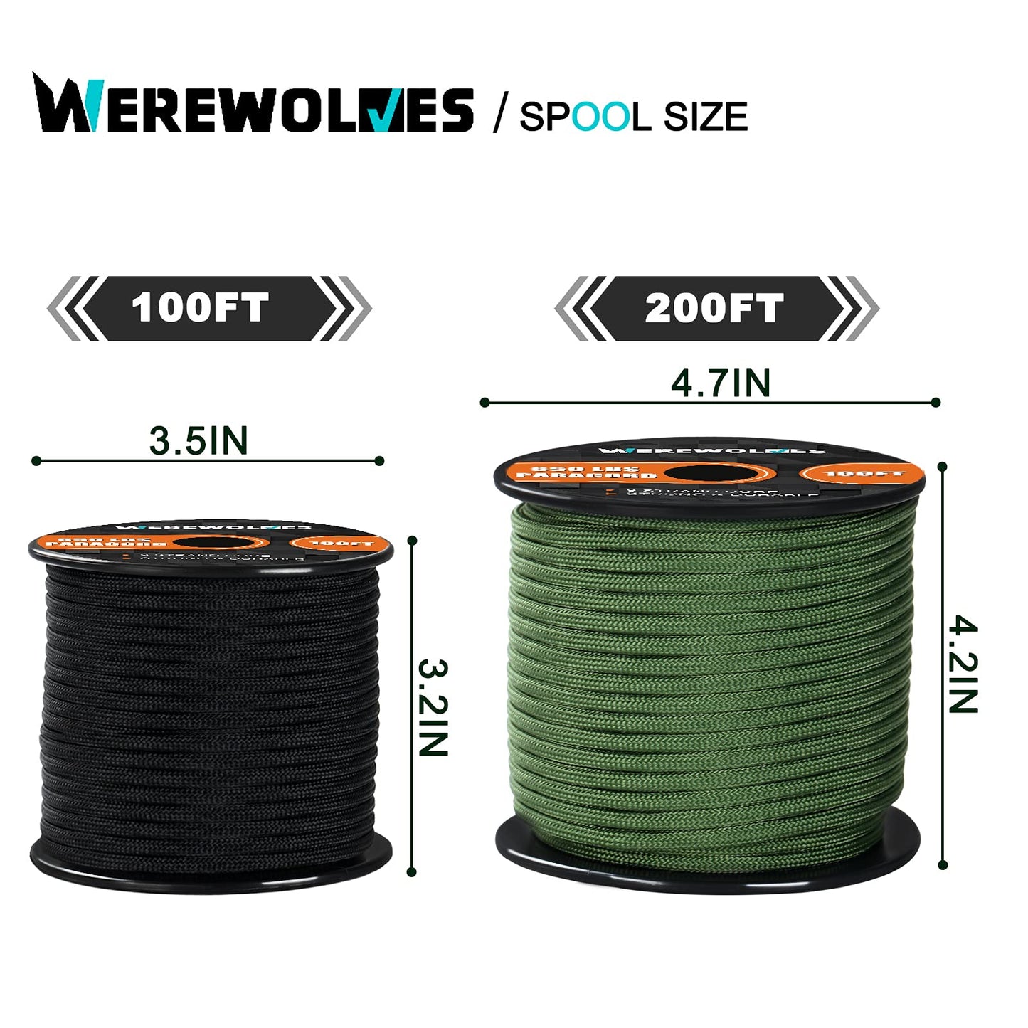 WEREWOLVES 650lb Paracord/Parachute Cord - 9 Strand Paracord Rope - 100', 200' Spools of Parachute Cord, Type III Paracord for Camping, Hiking and Survival (Candy, 100 Feet)