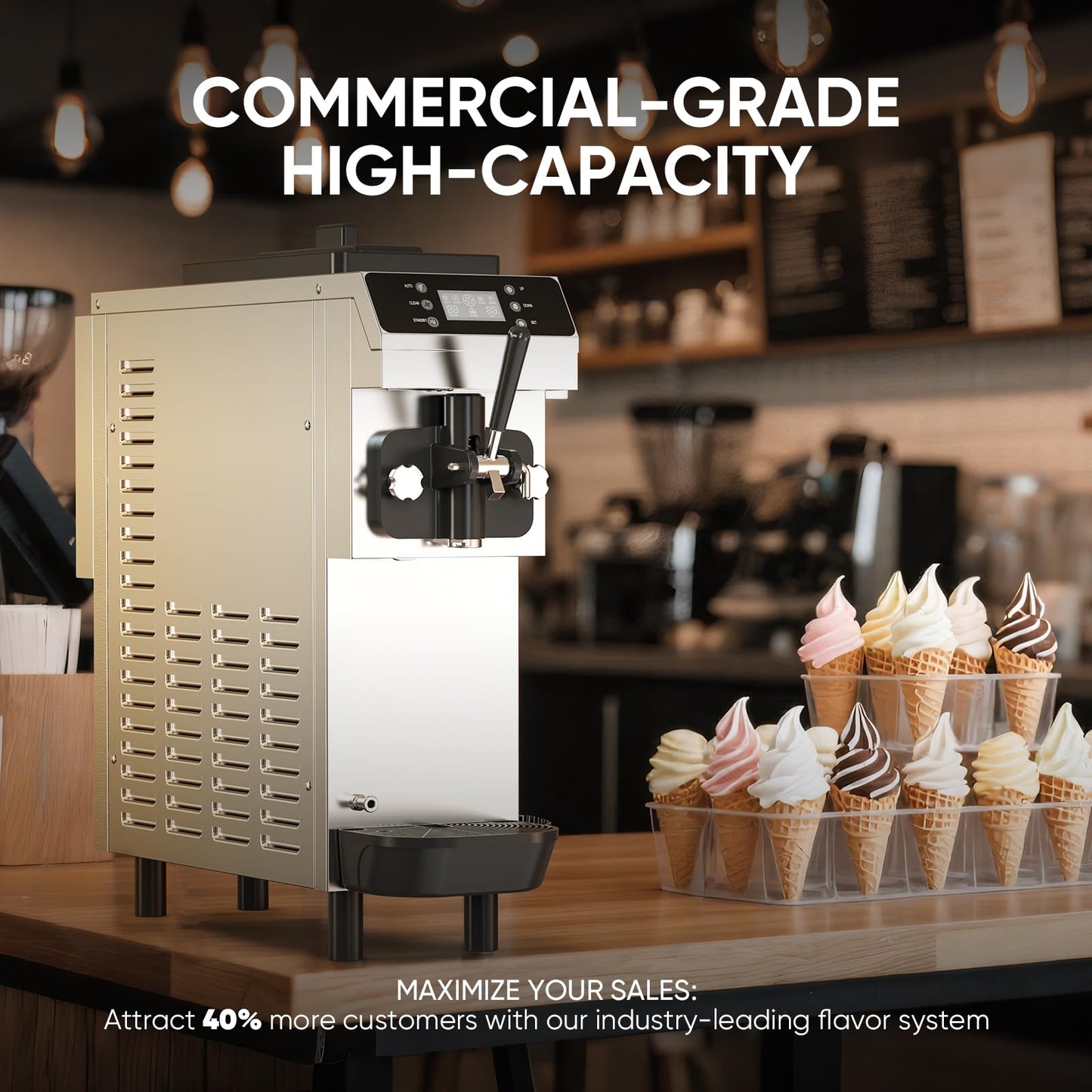 15 QT(≈3.75gal)/H Commercial Ice Cream Maker Machine,100-150 servings, 4.3L 304 Stainless Steel Bowls, 1.6L Freezing Tank, Soft Serve Frozen for Startups & Home Businesses