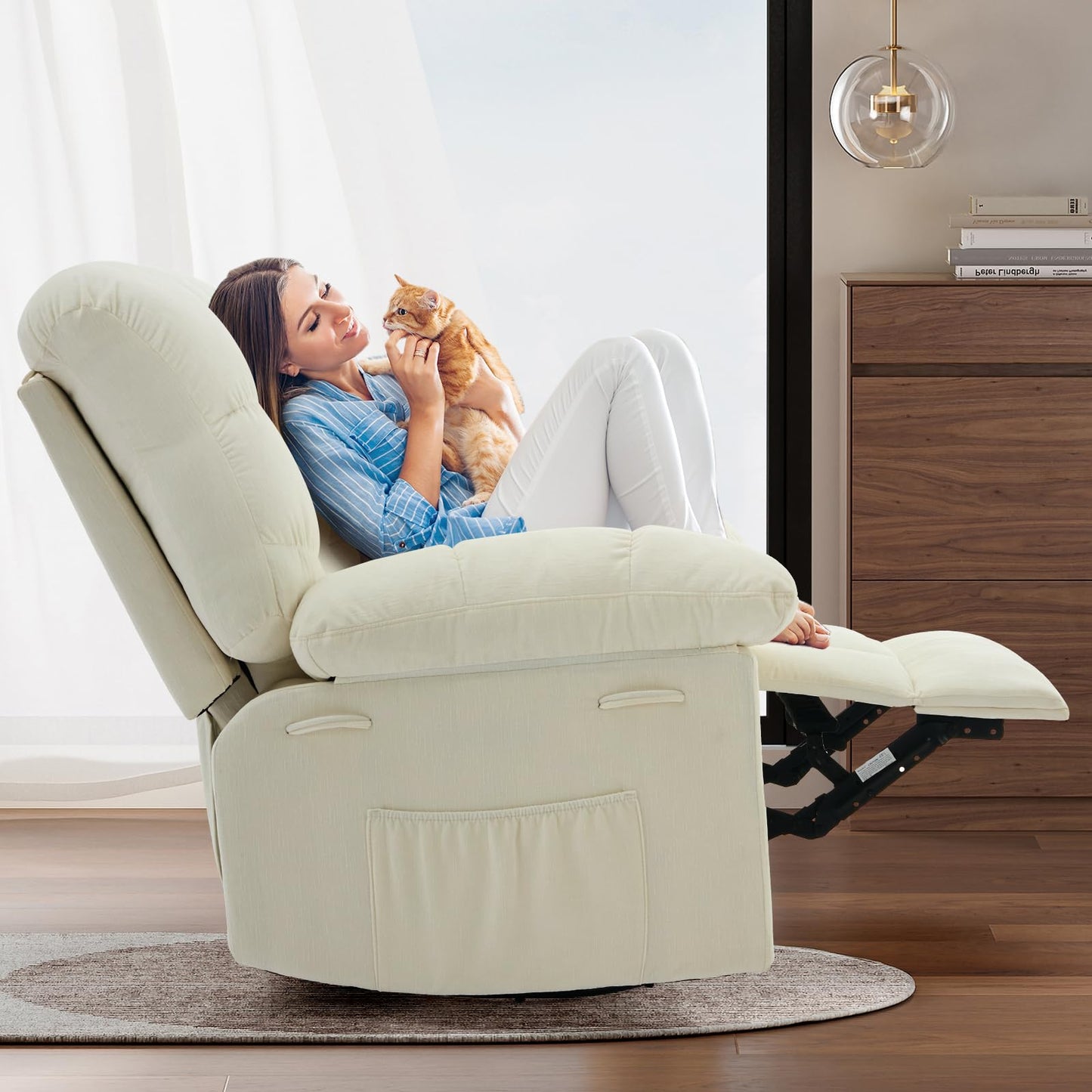 SLEKVERSA Rocking Recliner Chair, 360° Swivel & 30° Rocking, Upholstered Fabric Nursery Chair with Side Pockets, Q235 Steel Frame for Small Spaces & Versatile Use