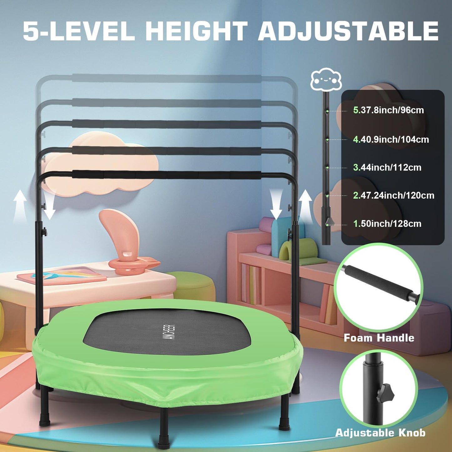 ANCHEER Foldable Trampoline, Mini Rebounder Trampoline with Adjustable Handle, Exercise Trampoline for Indoor/Garden/Workout Cardio, Parent-Child Twins Trampoline Max Load 220lbs (Training Green)