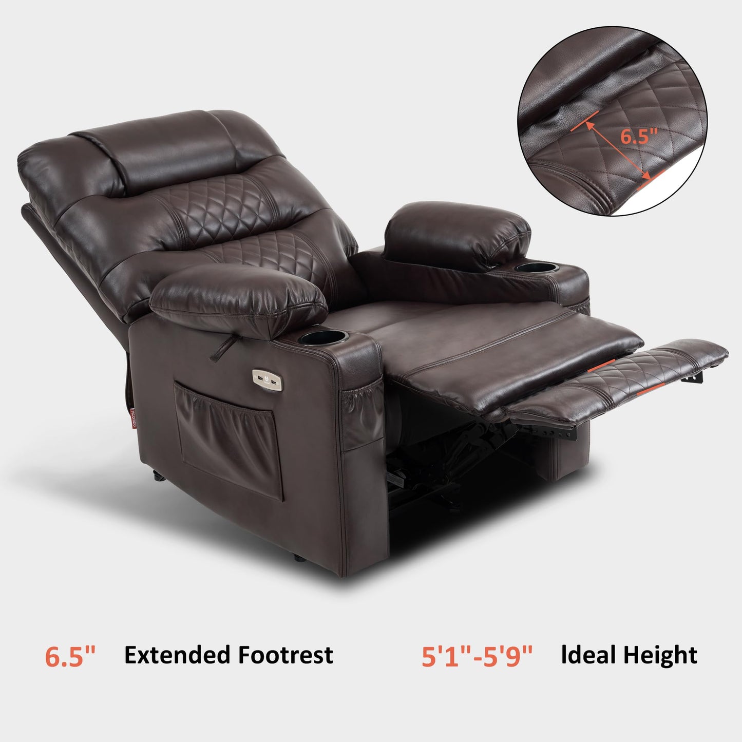 MCombo Zero Gravity Power Recliner Chair with Heat and Vibration Massage, Reclining Chair with USB Ports, Cup Holders for Living Room, Faux Leather PR621 (Brown)