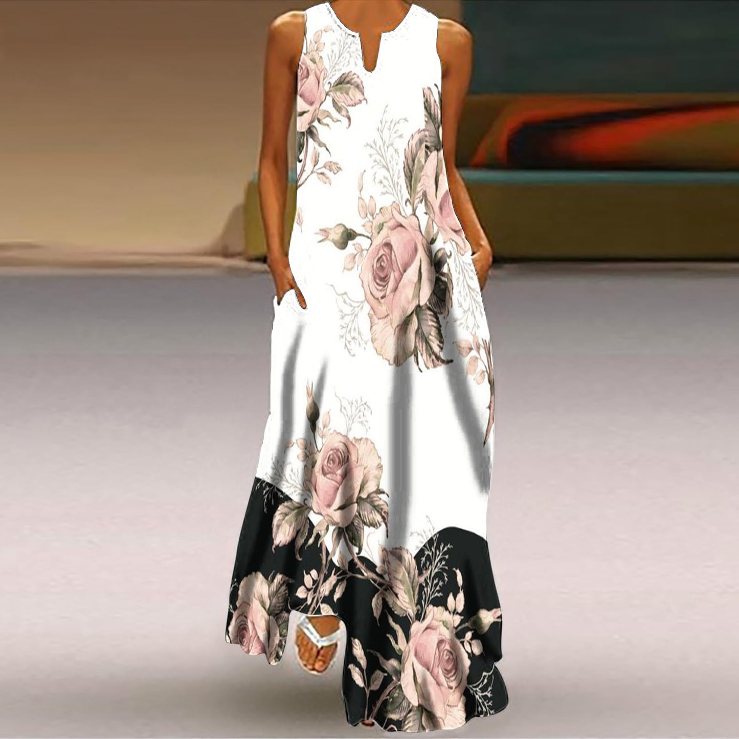 Plus Size Sun Dresses for Curvy Women Maxi Sundress for Women Trendy 2024 Summer Dress Floral Print V Neck Dresses Sleeveless Boho Dress Beach Outfits Womens Sun Dresses 2024