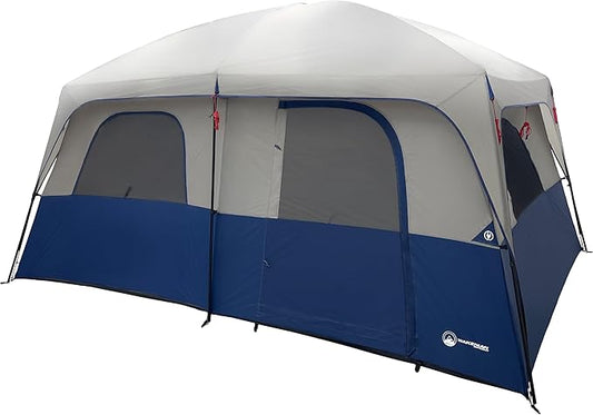 10 Person Camping Tent - Large Outdoor Tent with Room Divider and Rainfly - Family Camping House with 2 Doors and 4 Screen Windows by Wakeman Outdoors (Navy)