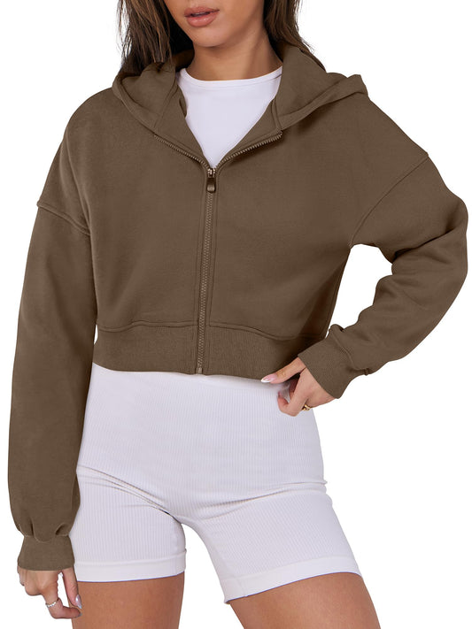 ANRABESS Womens Zip Up Crop Hoodie Sweatshirts 2024 Fall Trendy Long Sleeve Cropped Jacket Top Winter Teen Girls Clothes Dark Brown Medium
